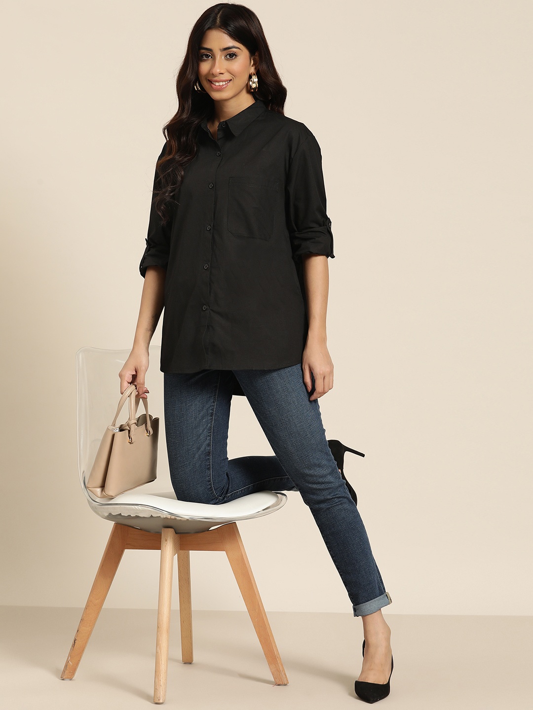 

HERE&NOW Pure Cotton Longline Casual Shirt, Black