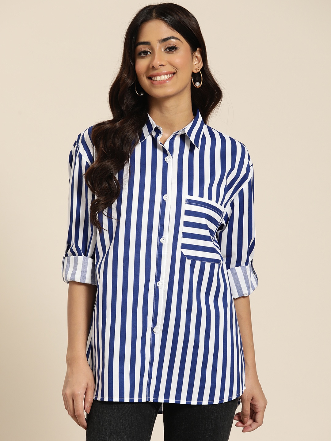 

HERE&NOW Striped Pure Cotton Longline Casual Shirt, White