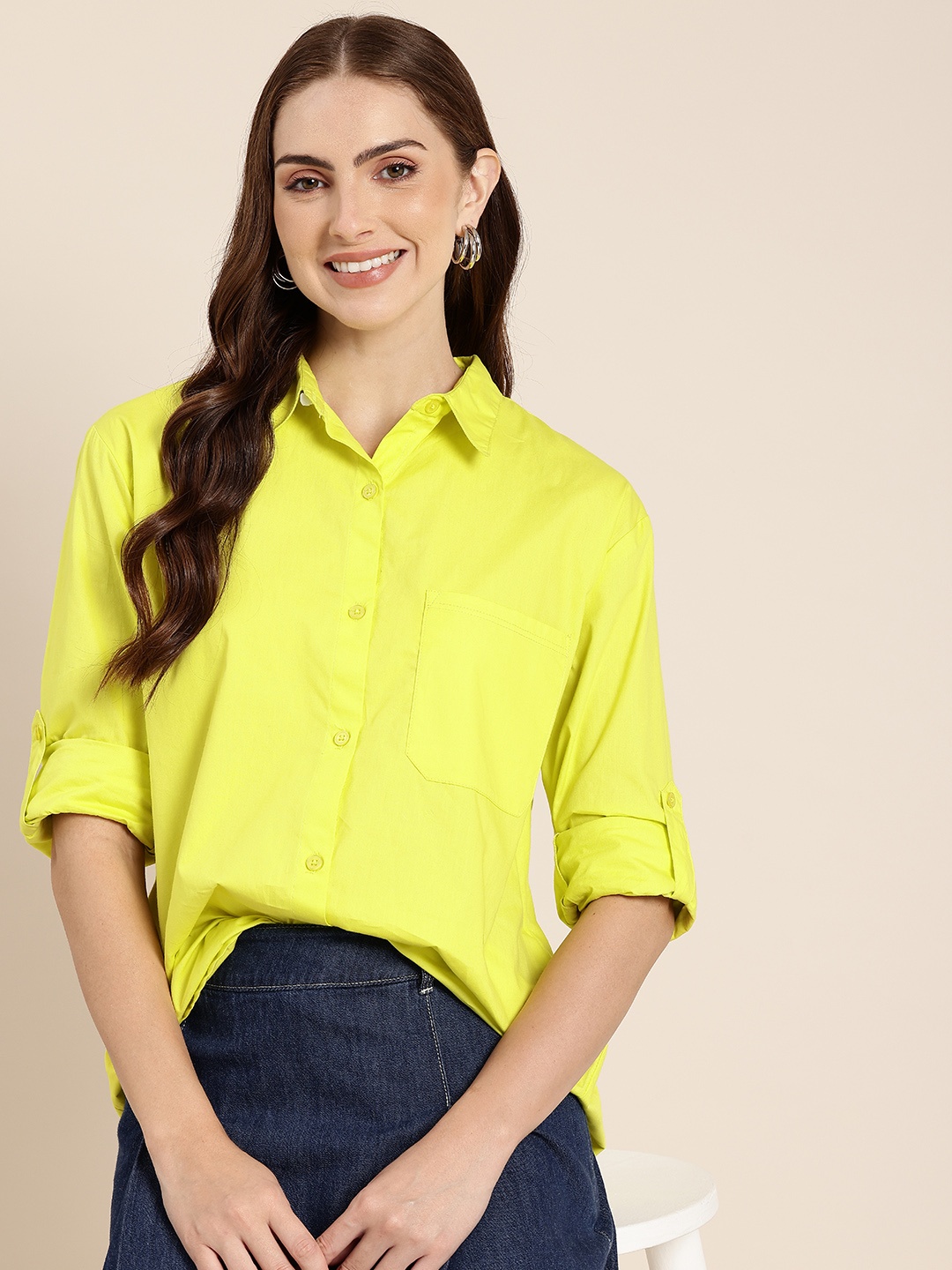 

HERE&NOW Pure Cotton Solid Casual Shirt, Lime green