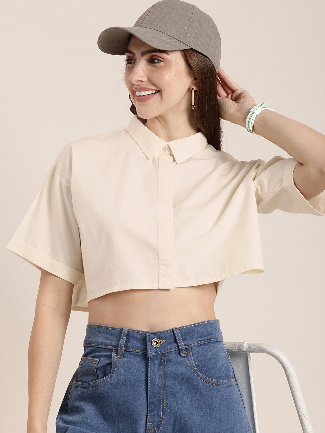 

HERE&NOW Boxy Pure Cotton Crop Casual Shirt, Beige