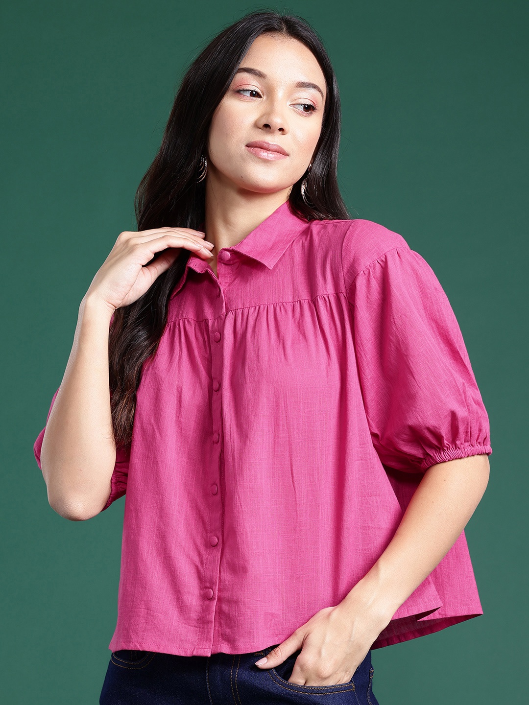 

DressBerry Puff Sleeve Cotton Shirt Style Top, Pink