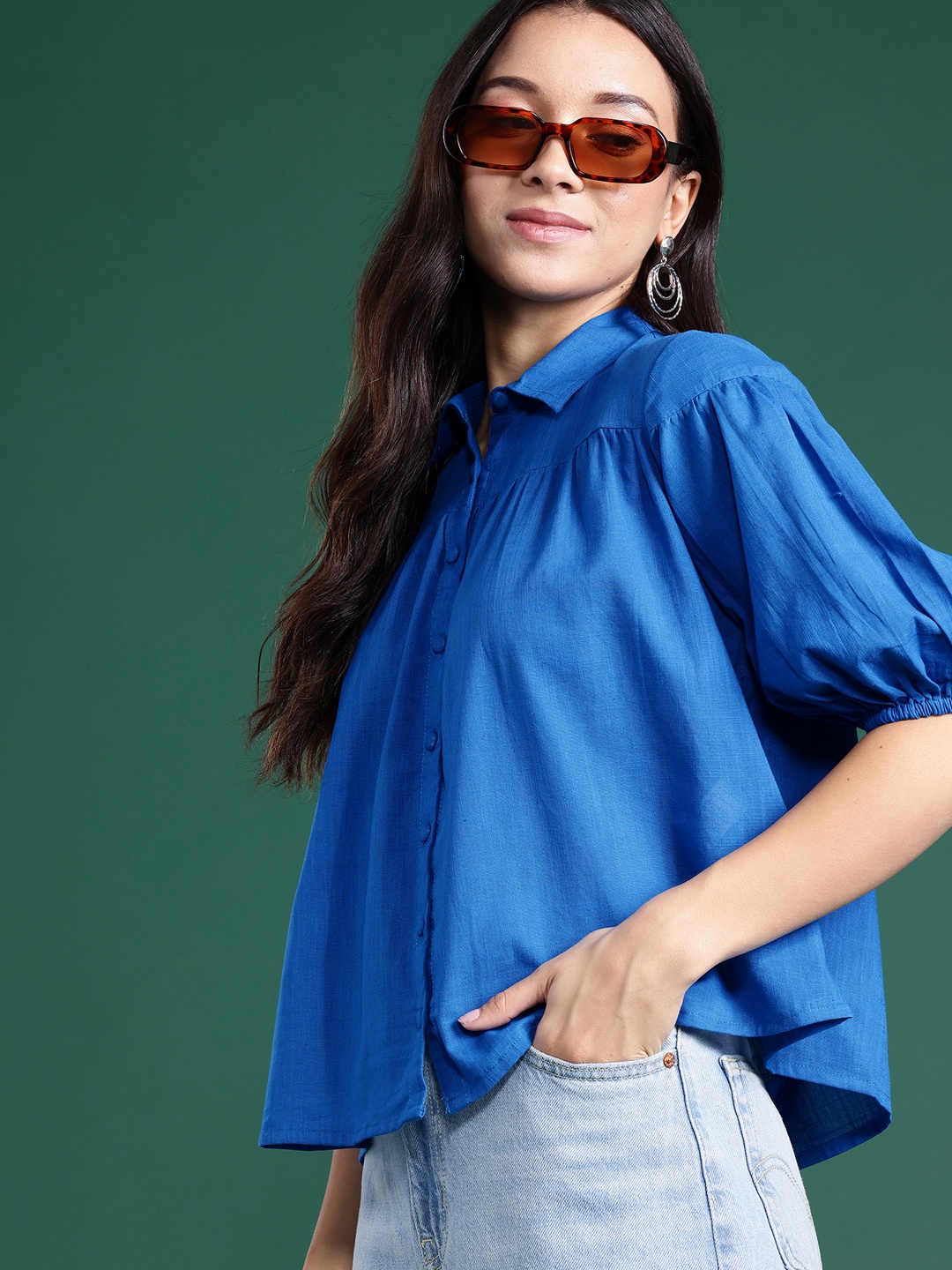 

DressBerry Puff Sleeve Cotton Shirt Style Top, Blue