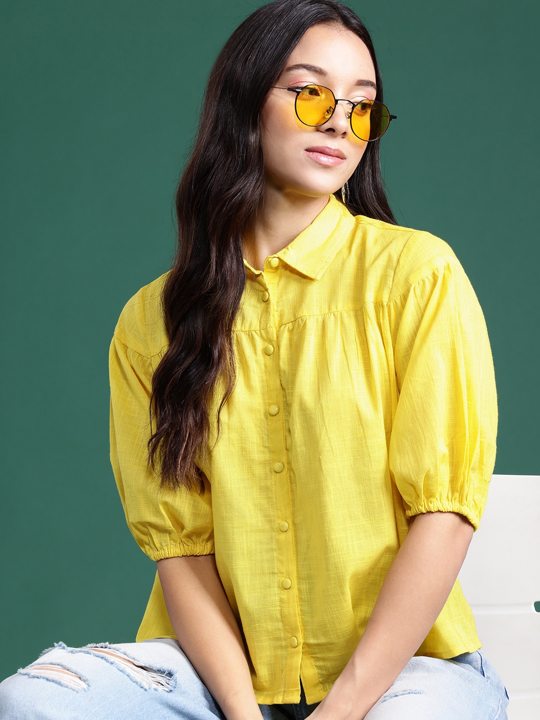 

DressBerry Bizwear Puff Sleeve Cotton Shirt Style Top, Yellow
