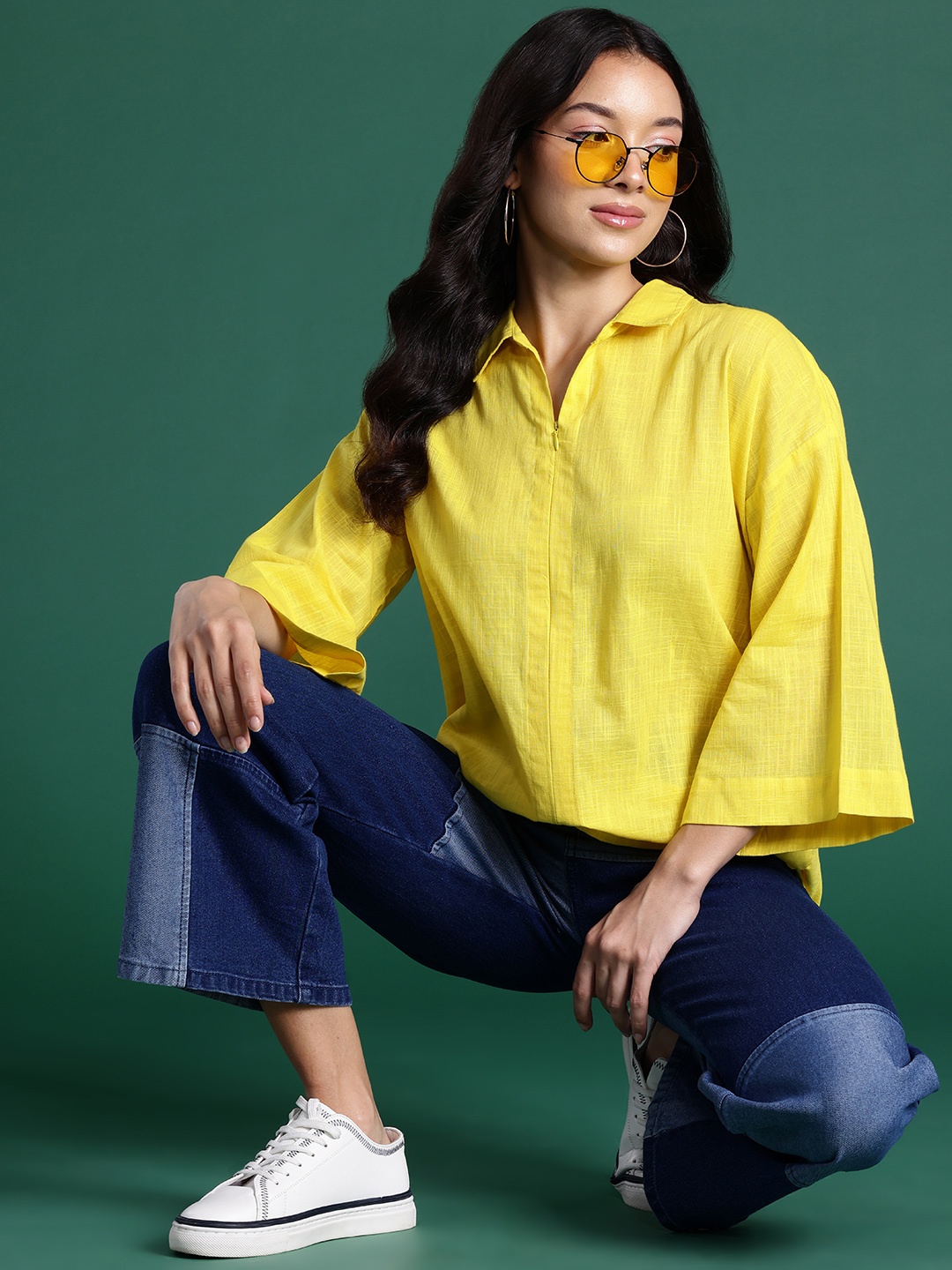 

DressBerry Flared Sleeve Cotton Shirt Style Top, Yellow