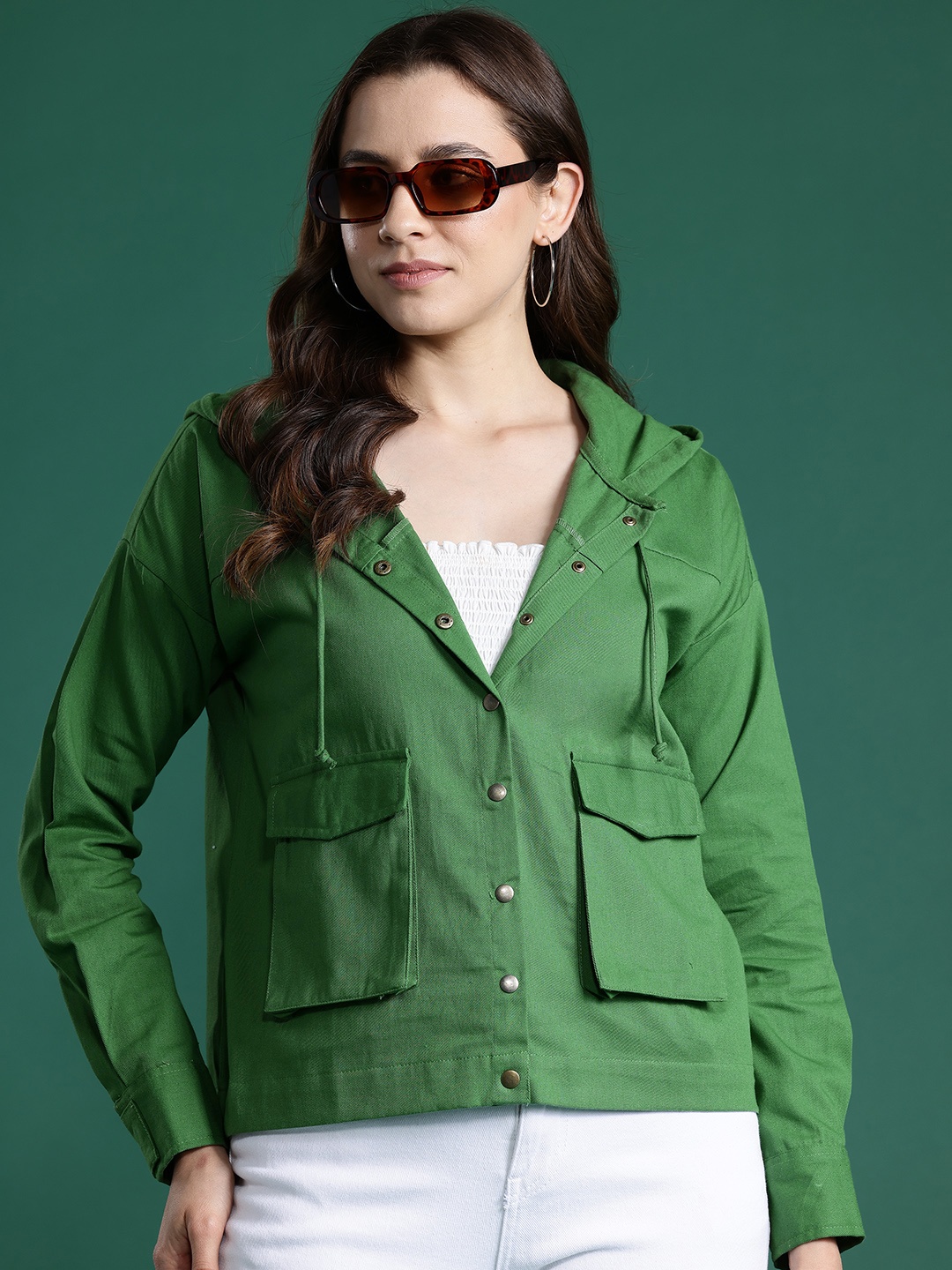 

DressBerry Women Hooded Pure Cotton Casual Shirt, Green