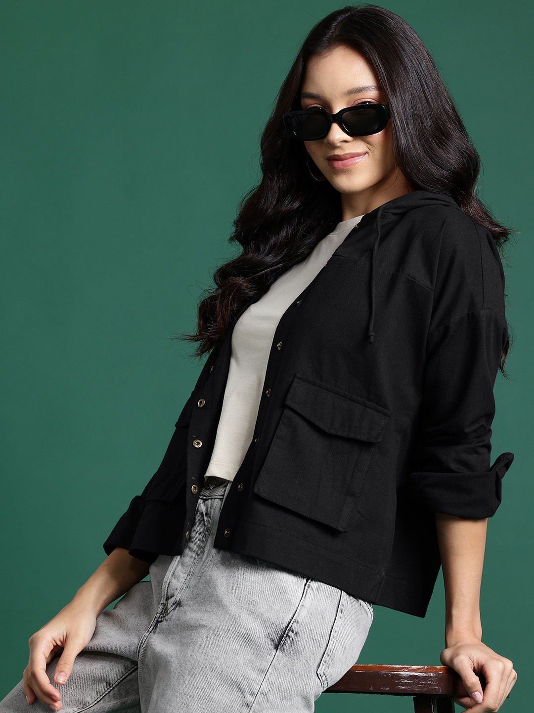 

DressBerry Pure Cotton Hooded Denim Shirt, Black