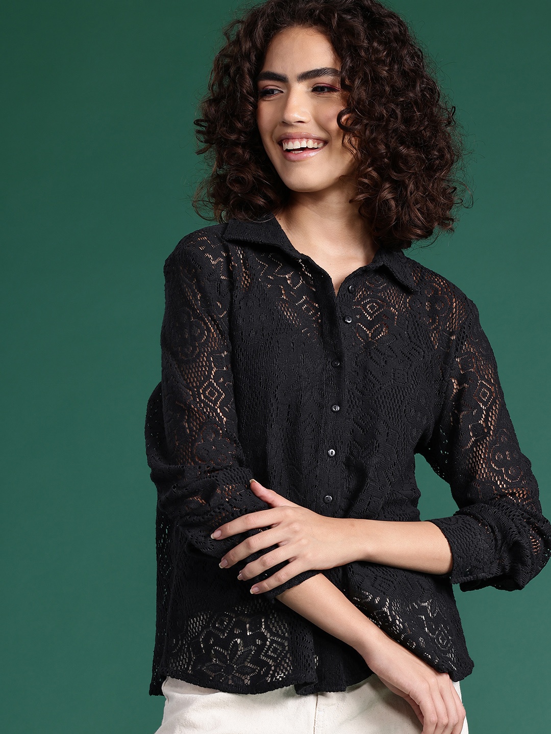 

DressBerry Semi Sheer Self-Designed Pure Cotton Lace Casual Shirt, Black