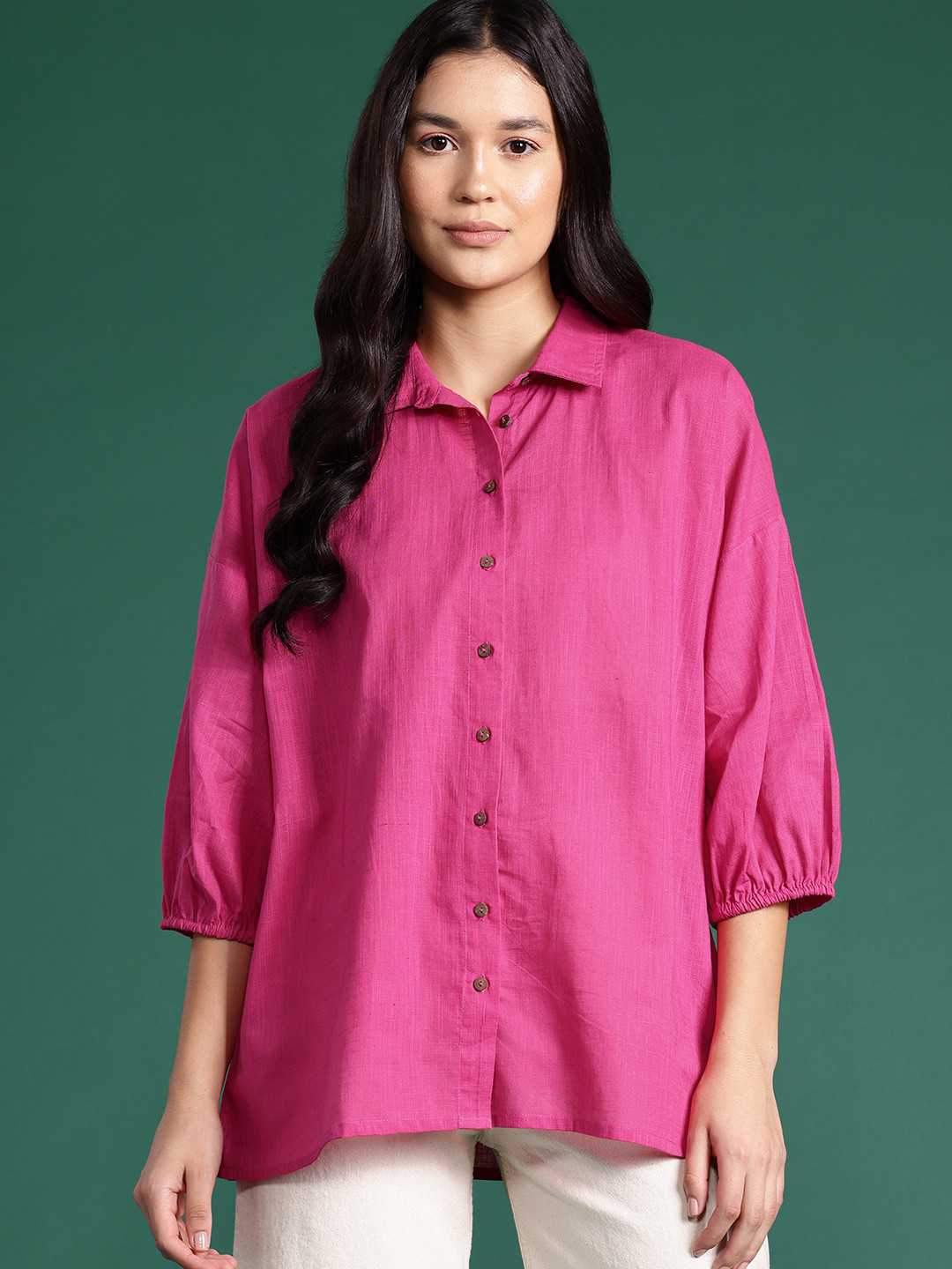 

DressBerry Pure Cotton Puff Sleeves Relaxed Fit Casual Shirt, Pink