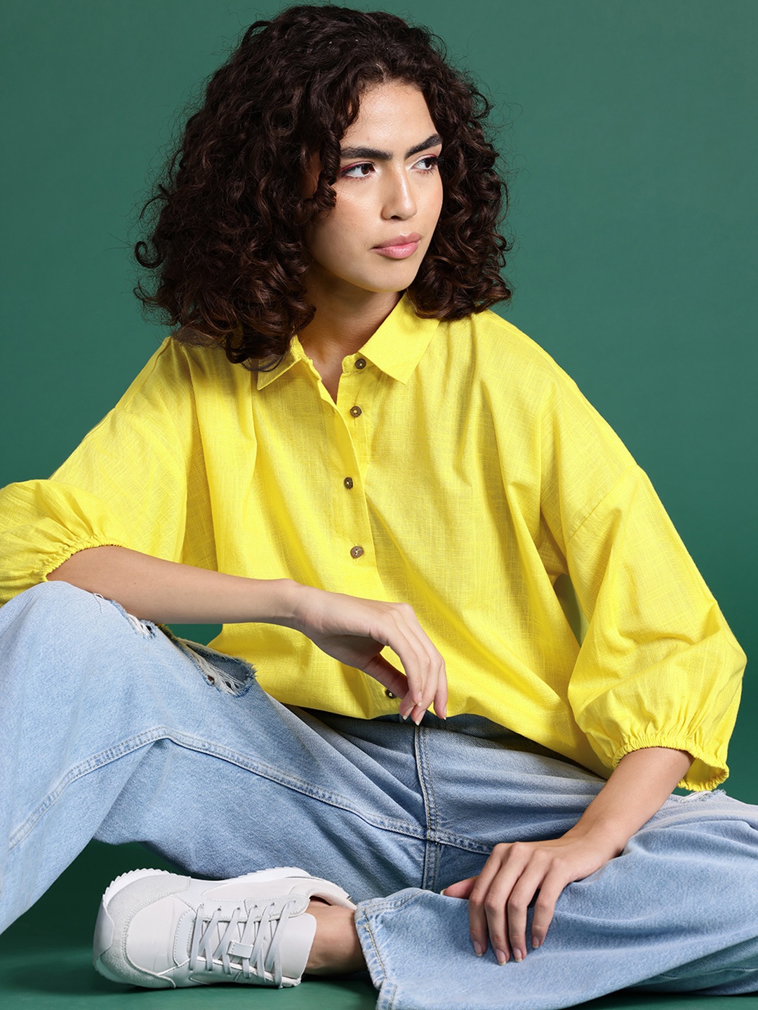 

DressBerry Pure Cotton Puff Sleeves Relaxed Fit Casual Shirt, Yellow