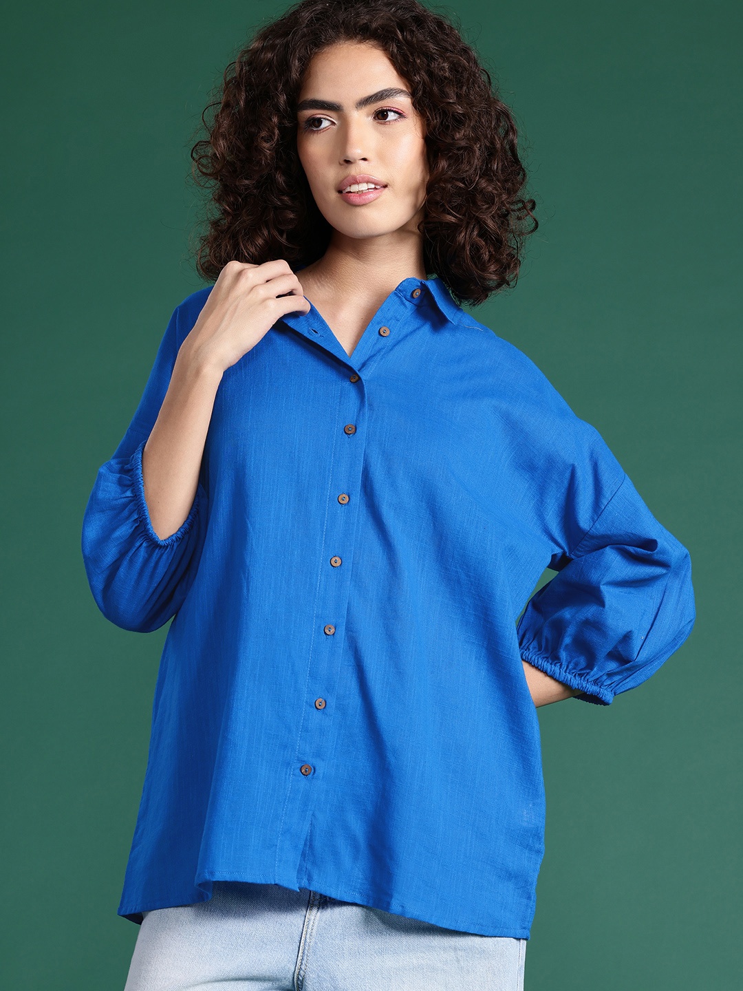 

DressBerry Pure Cotton Puff Sleeves Relaxed Fit Casual Shirt, Blue