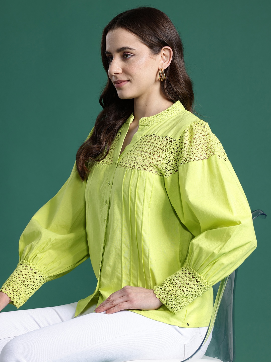 

DressBerry Pure Cotton Crochet Detail Pintucks Shirt, Fluorescent green