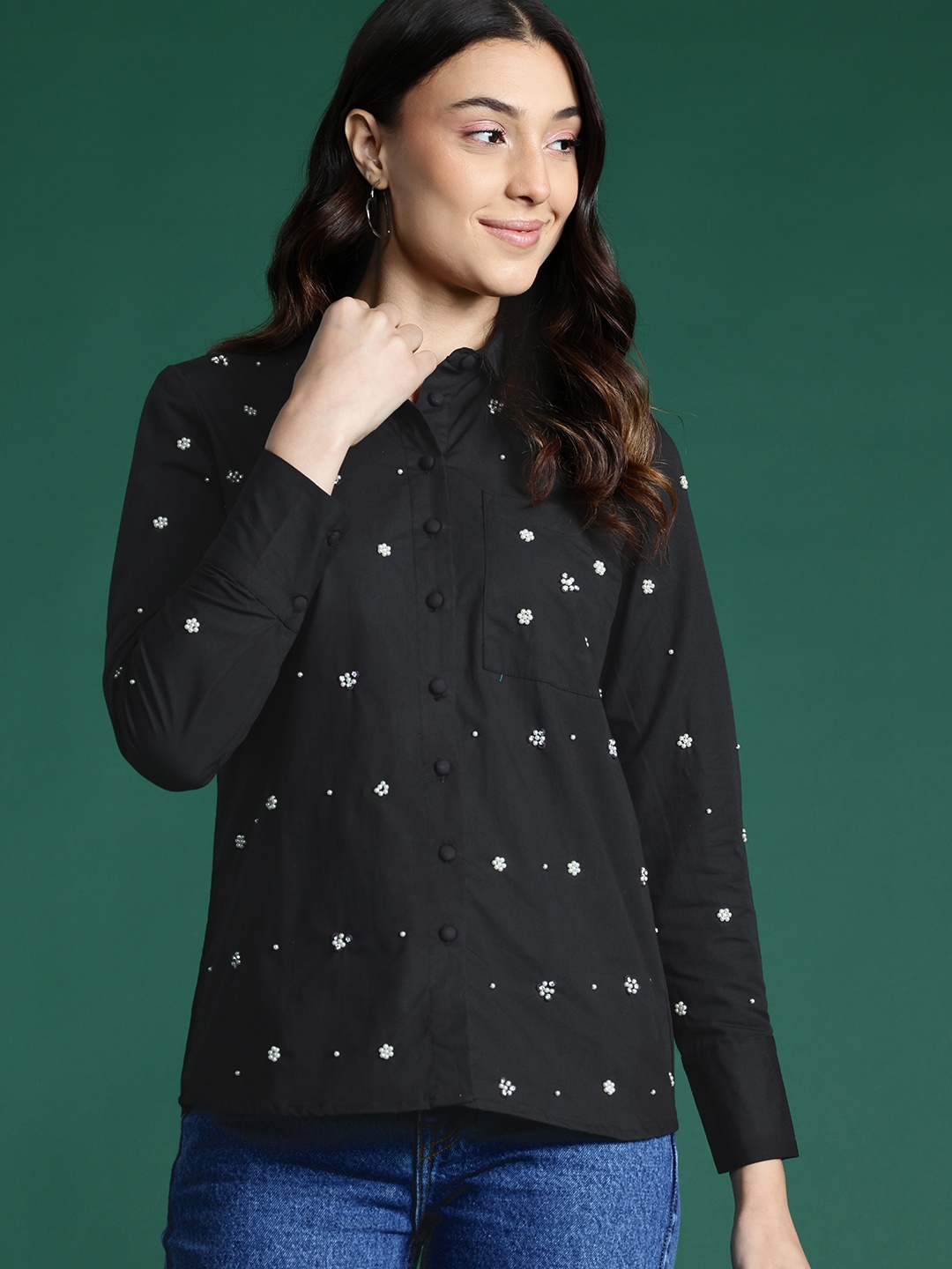 

DressBerry Floral Embellished Casual Shirt, Black