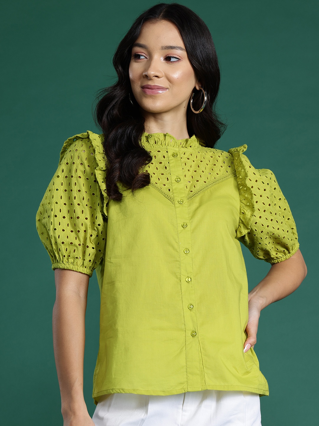 

DressBerry Puff Sleeves Schiffli Detail Cotton Shirt Style Top, Green