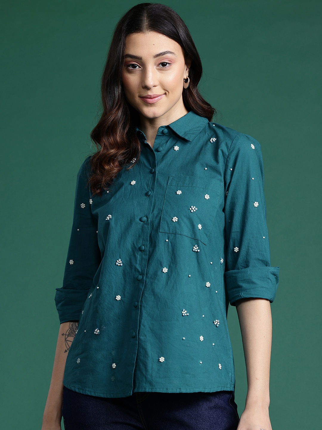 

DressBerry Embellished Casual Shirt, Teal