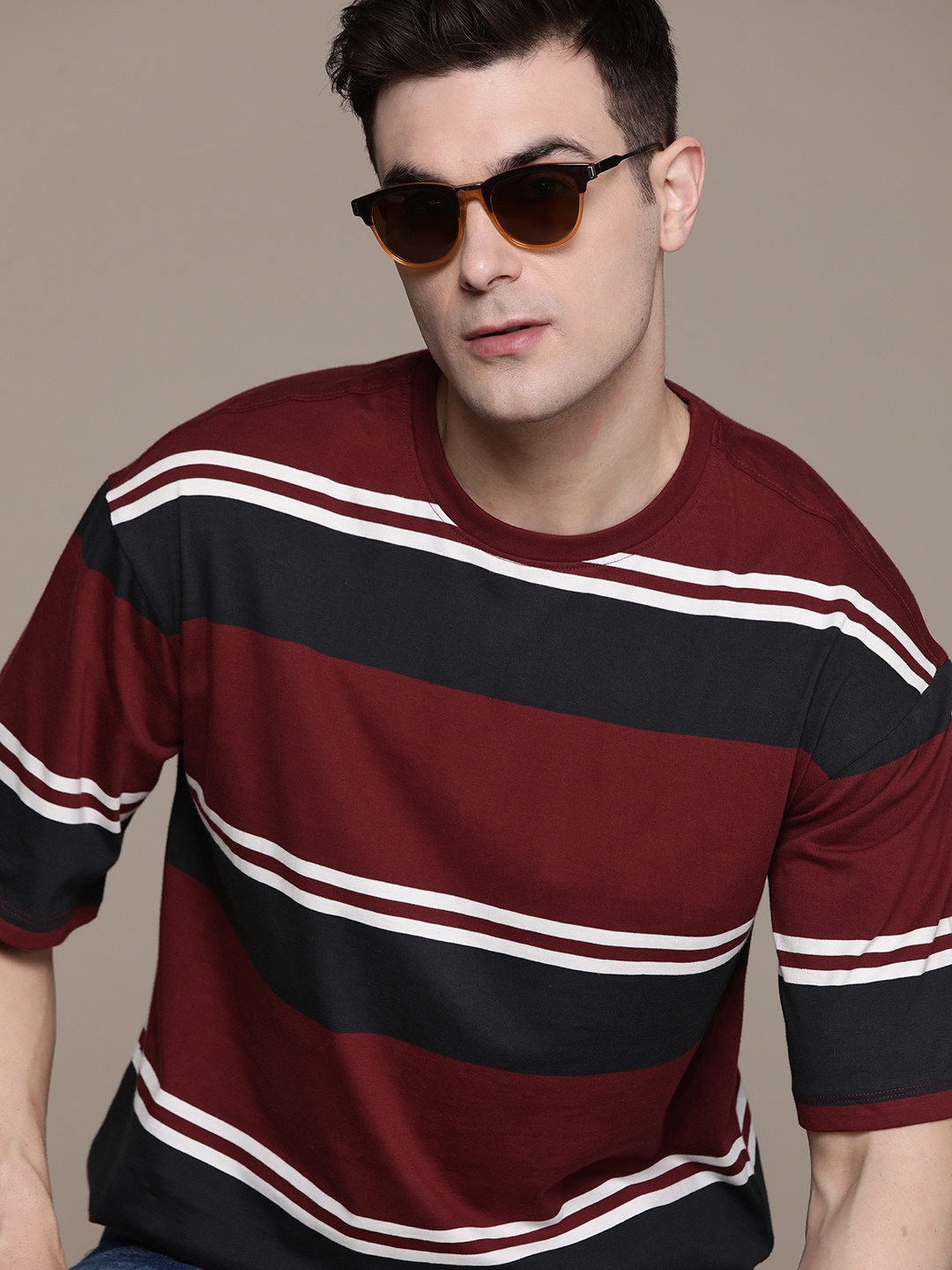

The Roadster Lifestyle Co. Striped Drop-Shoulder Sleeves Pure Cotton Relaxed T-shirt, Maroon