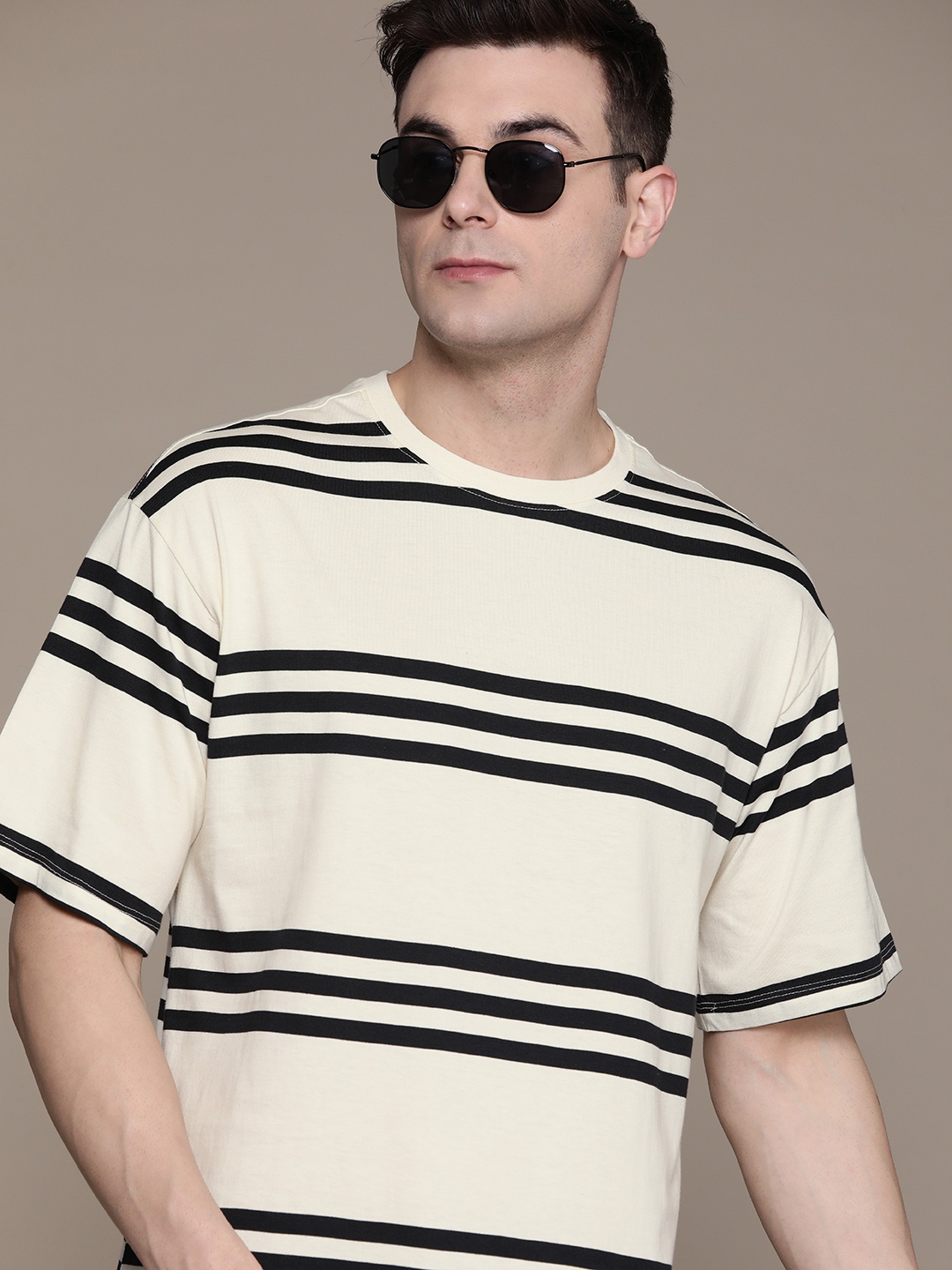 

The Roadster Lifestyle Co. Striped Drop-Shoulder Sleeves Pure Cotton Relaxed T-shirt, Off white