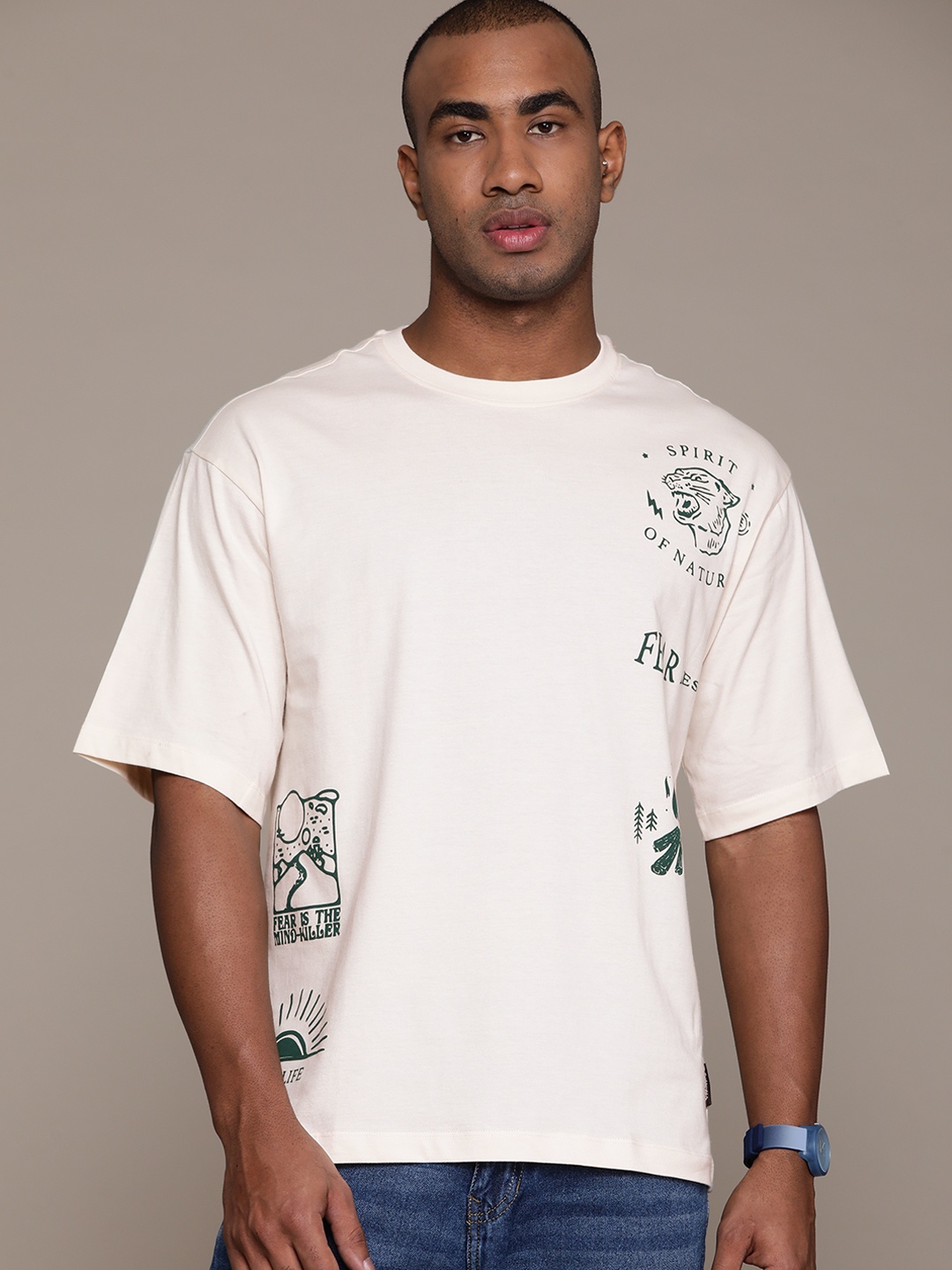 

The Roadster Lifestyle Co. Men Printed Relaxed Fit Pure Cotton T-shirt, Off white