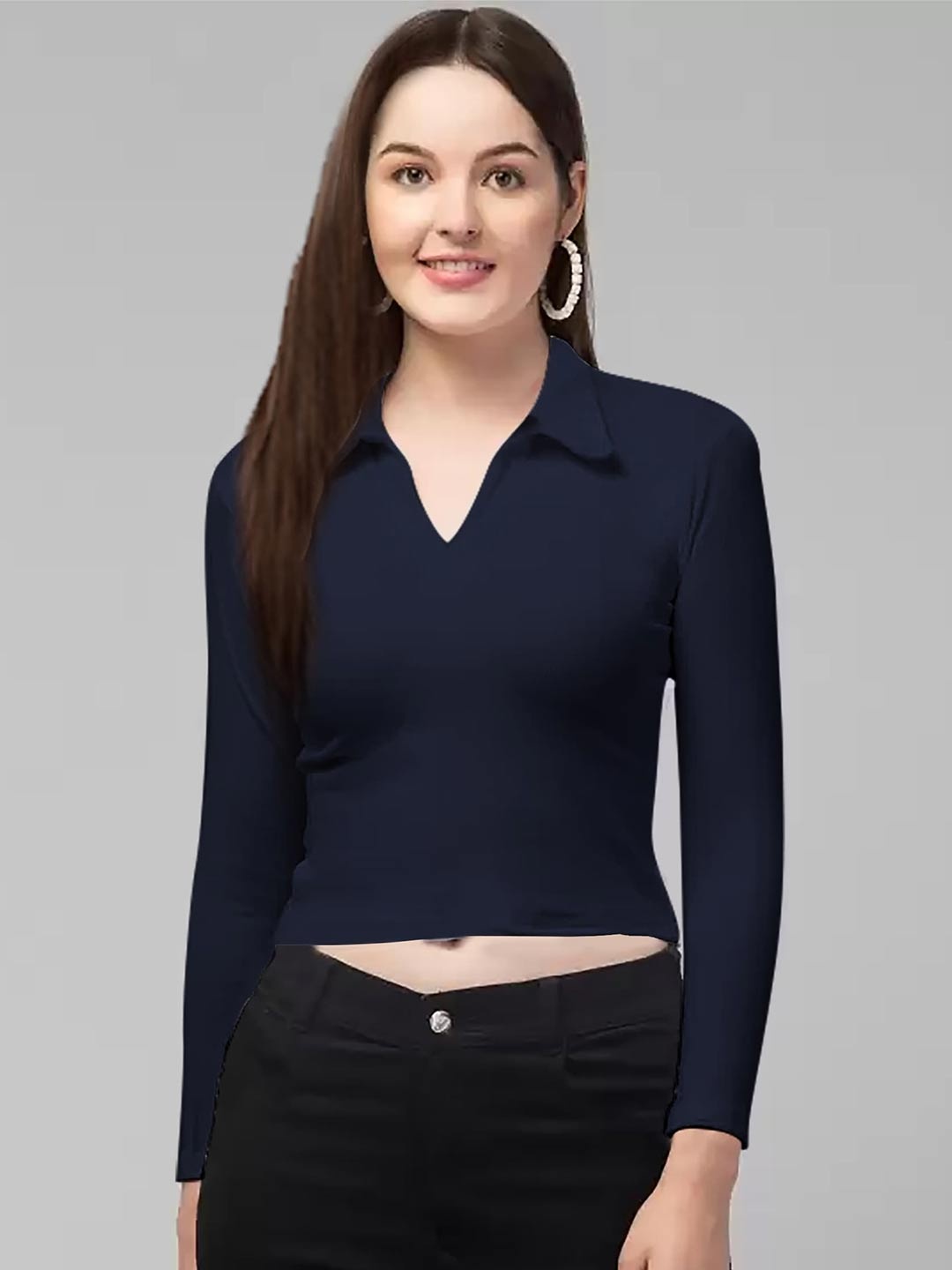 

Dream Beauty Fashion Shirt Collar Fitted Crop Top, Navy blue