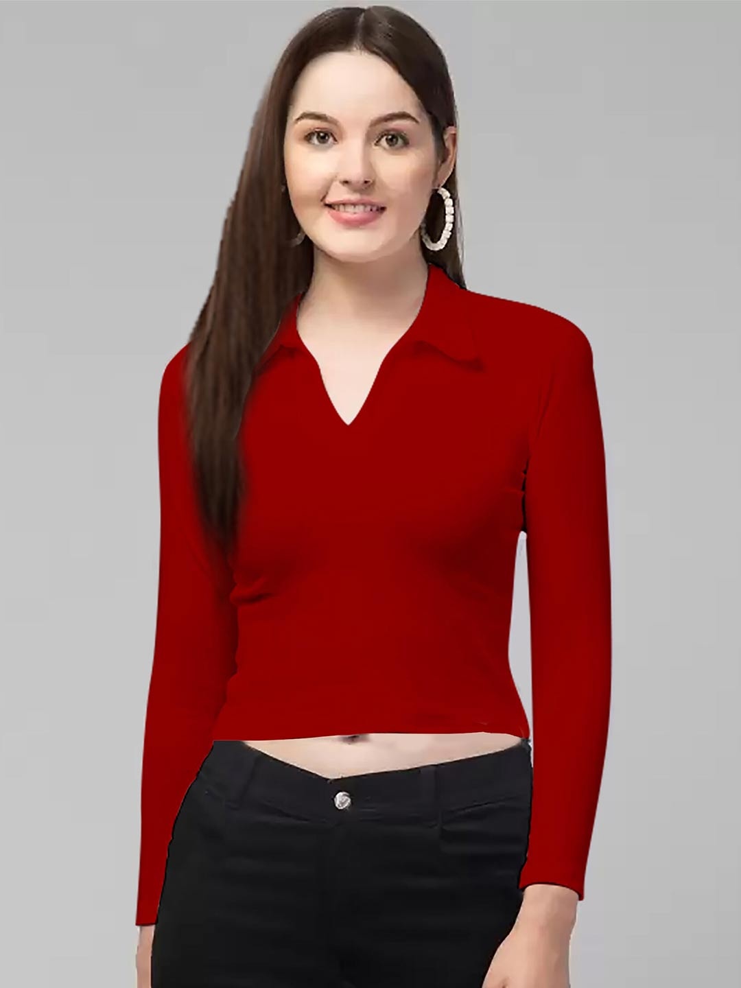 

Dream Beauty Fashion Shirt Collar Fitted Crop Top, Red