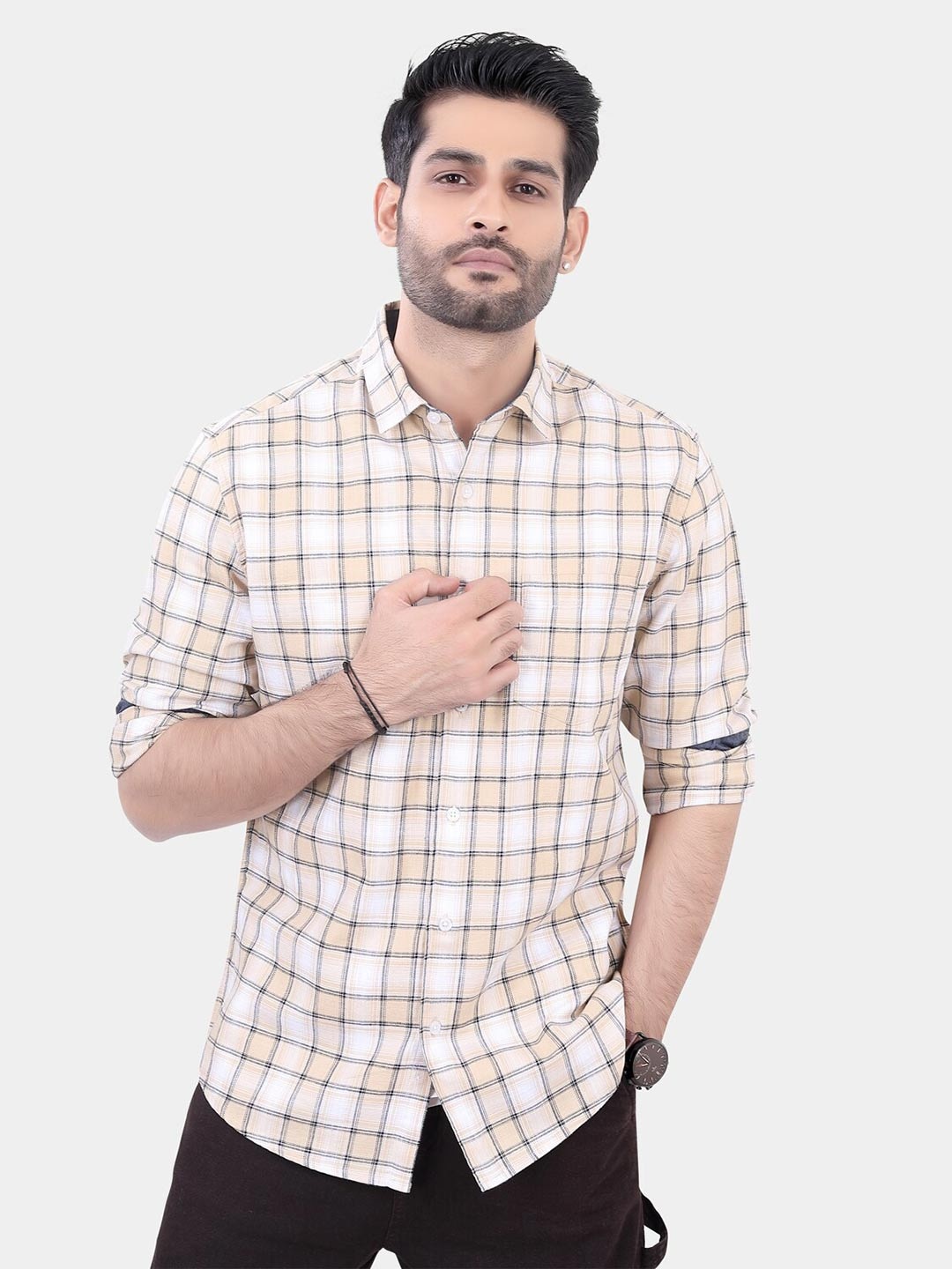 

VASTRADO Classic Slim Fit Checked Cotton Casual Shirt, Beige