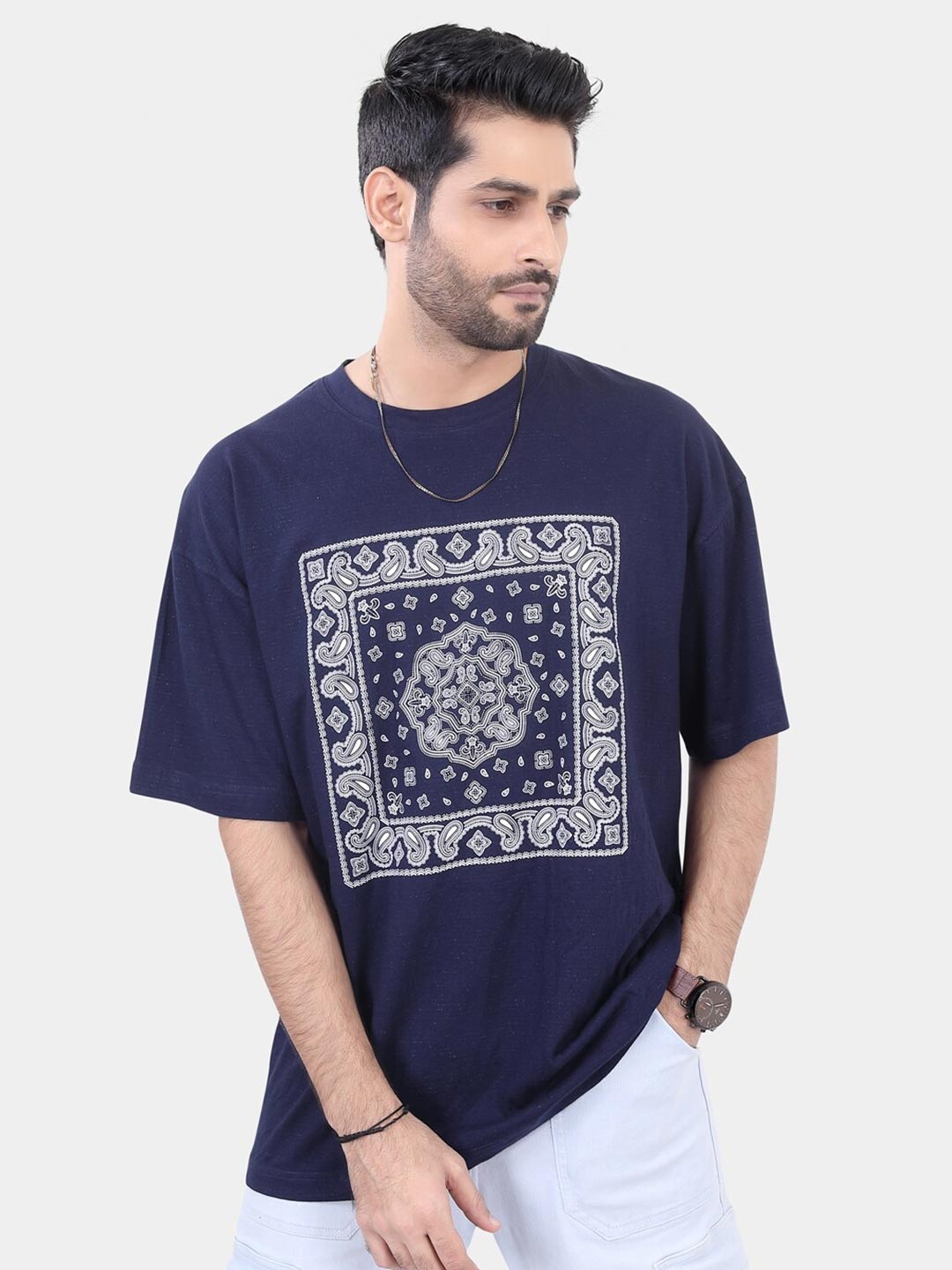 

VASTRADO Paisley Printed Printed Drop Shoulder Sleeves Oversized Cotton T-shirt, Navy blue