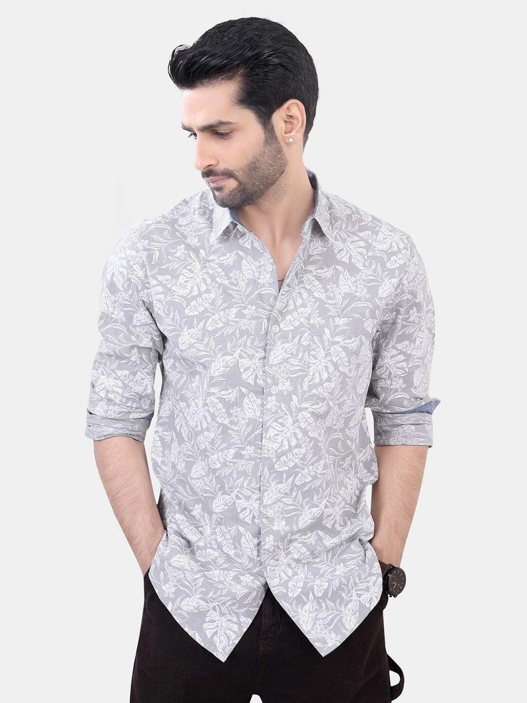 

VASTRADO Classic Slim Fit Floral Printed Cotton Casual Shirt, Grey