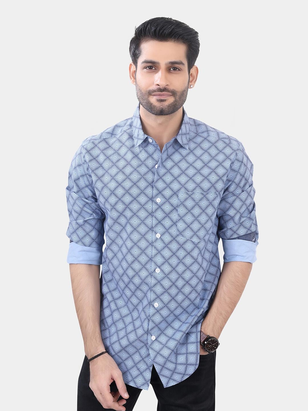 

VASTRADO Classic Slim Fit Geometric Printed Cotton Casual Shirt, Blue