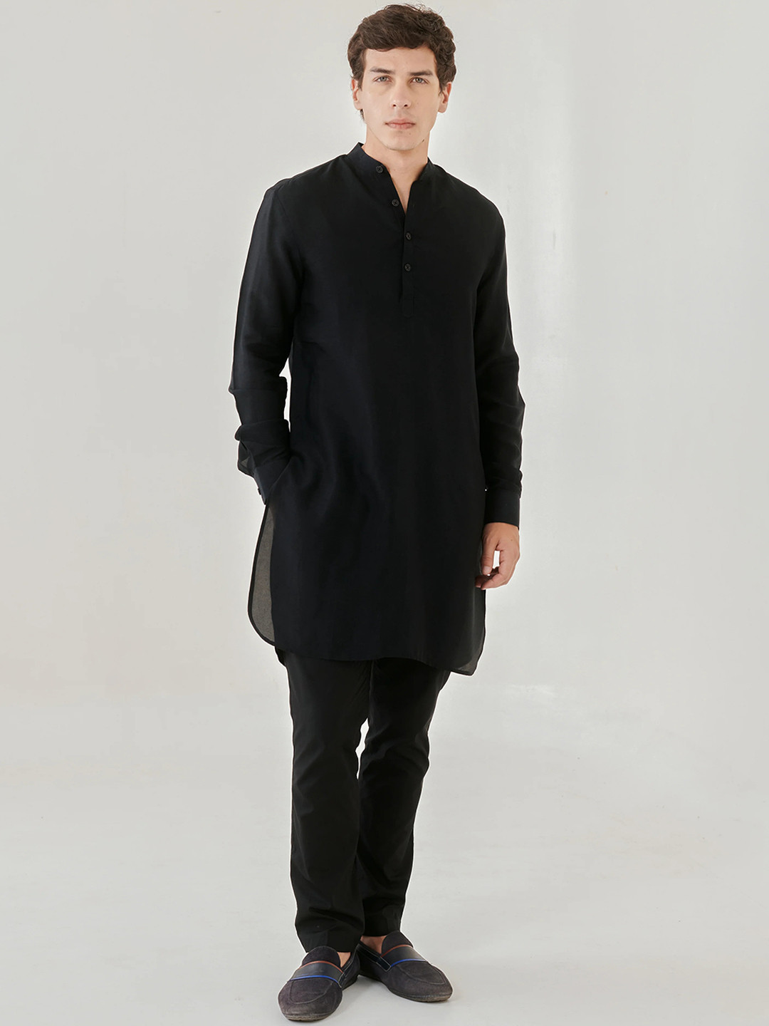 

QB MEN Men Mandarin Collar Cotton Straight Kurta, Black