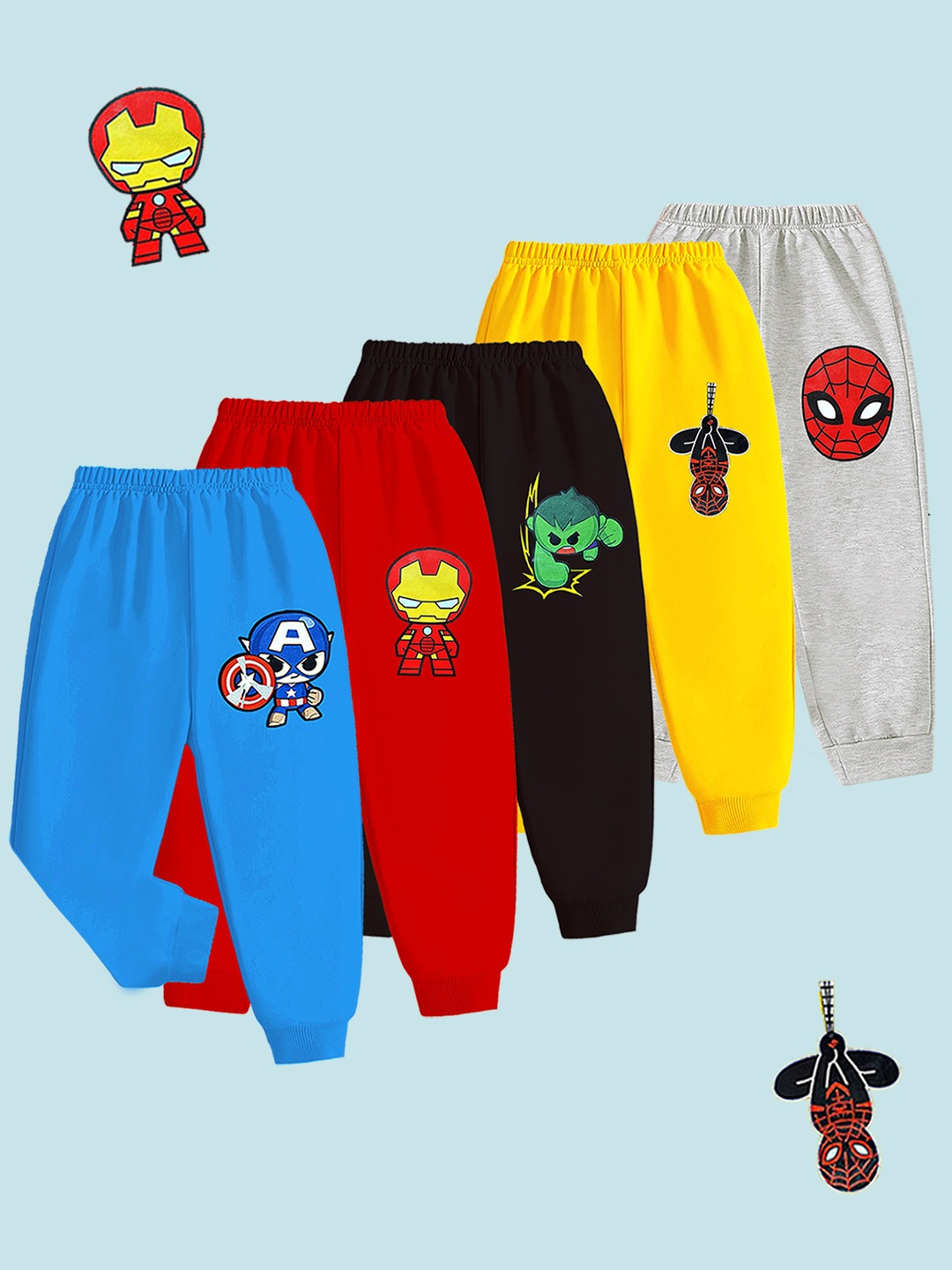 

KUCHIPOO Boys Pack of 5 Superhero Printed Joggers, Navy blue