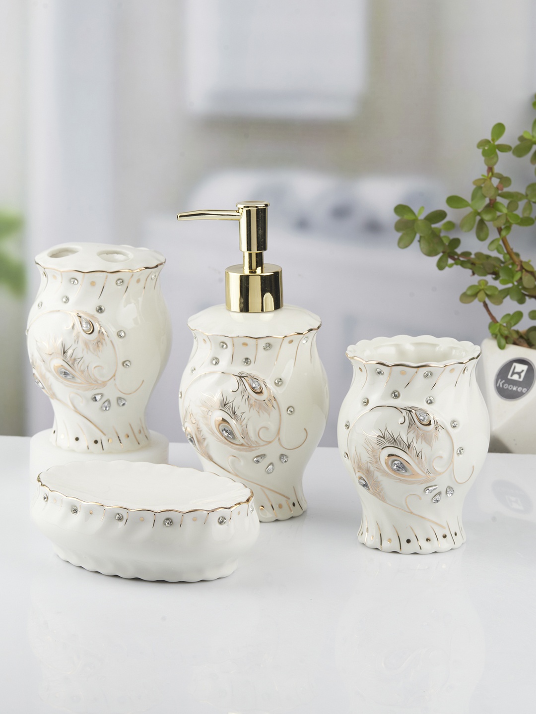 

Kookee White 4 piece Abstract Ceramic Bath Accessories Set