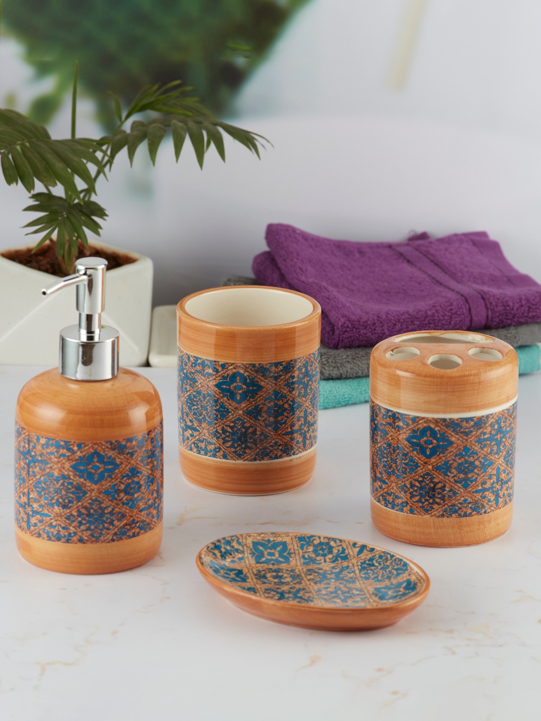

Kookee Orange & Blue 4 Pieces Ceramic Ethnic Motifs Print Bath Accessories Set