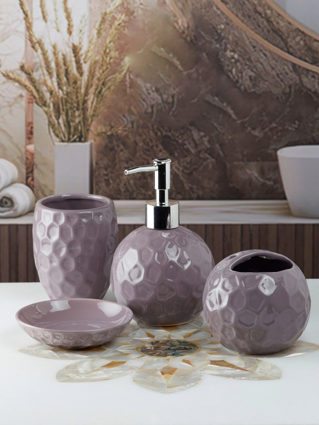 

Kookee Purple 4 Piece Abstract Ceramic Bath Accessories Set
