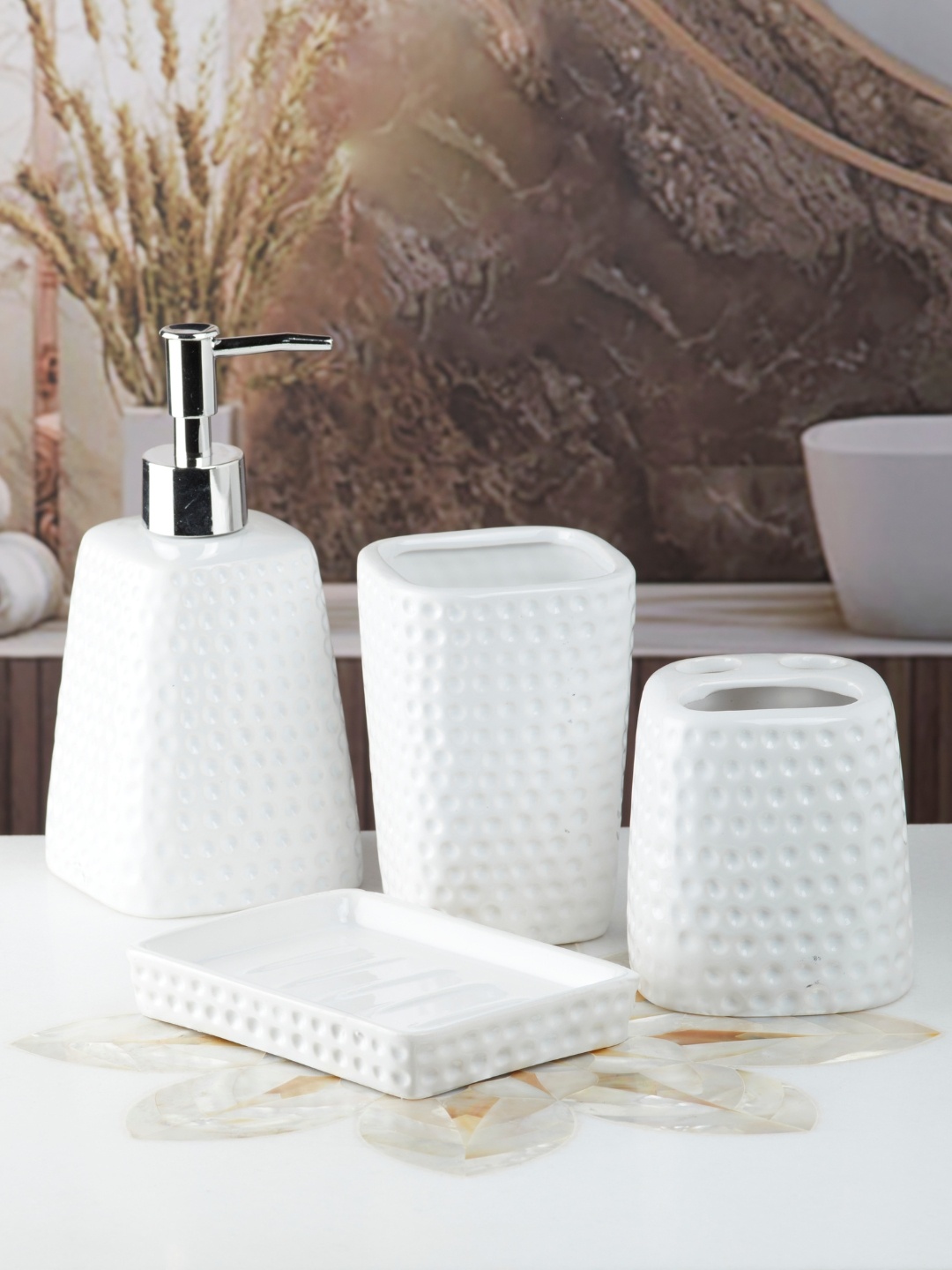 

Kookee White and SilverToned 4 pieces Abstract Ceramic Bath Accessories Set