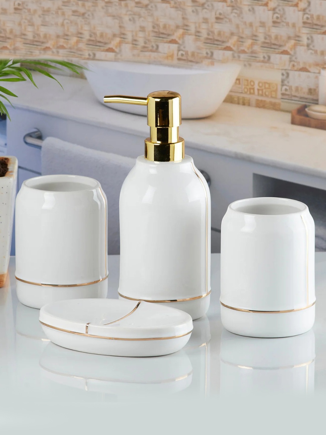 

Kookee White & Gold Toned 4 Pieces Ceramic Bath Accessories Set