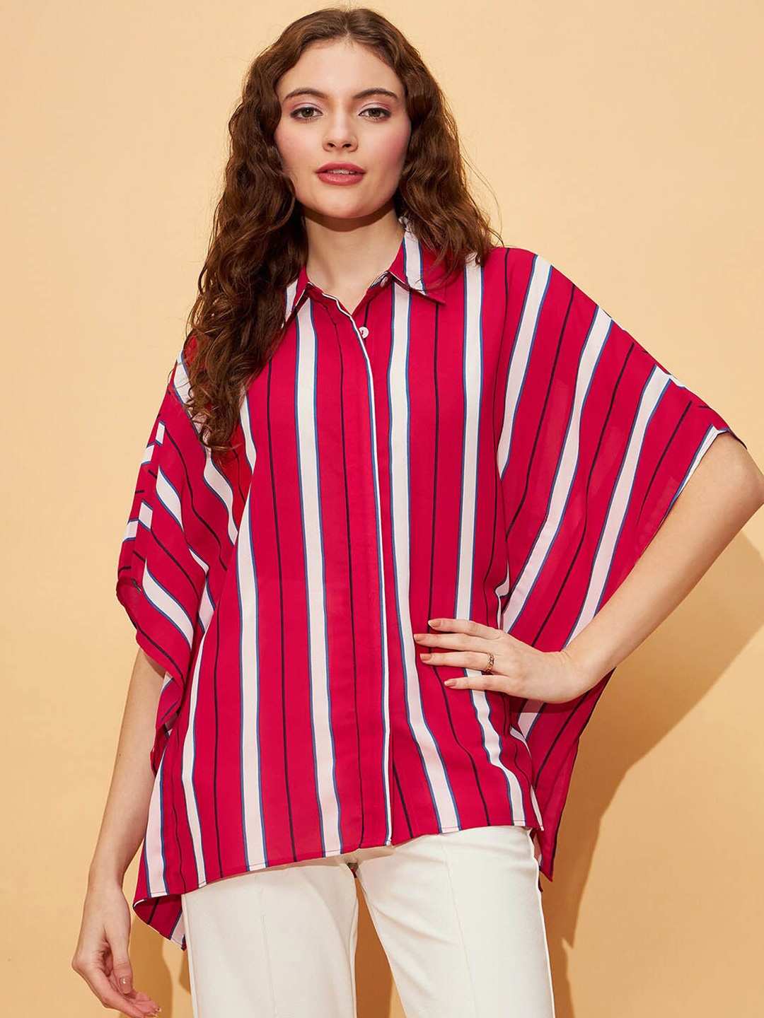 

RARE Red Vertical Striped Kimono Sleeves Casual Shirt