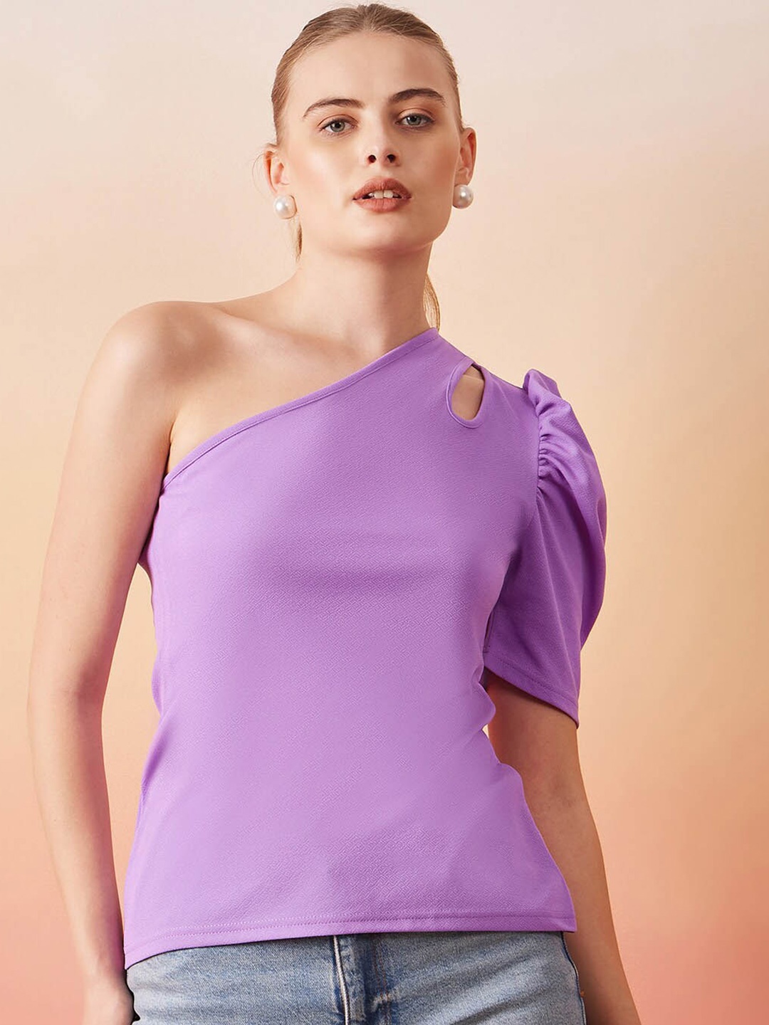 

RARE Lavender One Shoulder Puff Sleeve Fitted Top