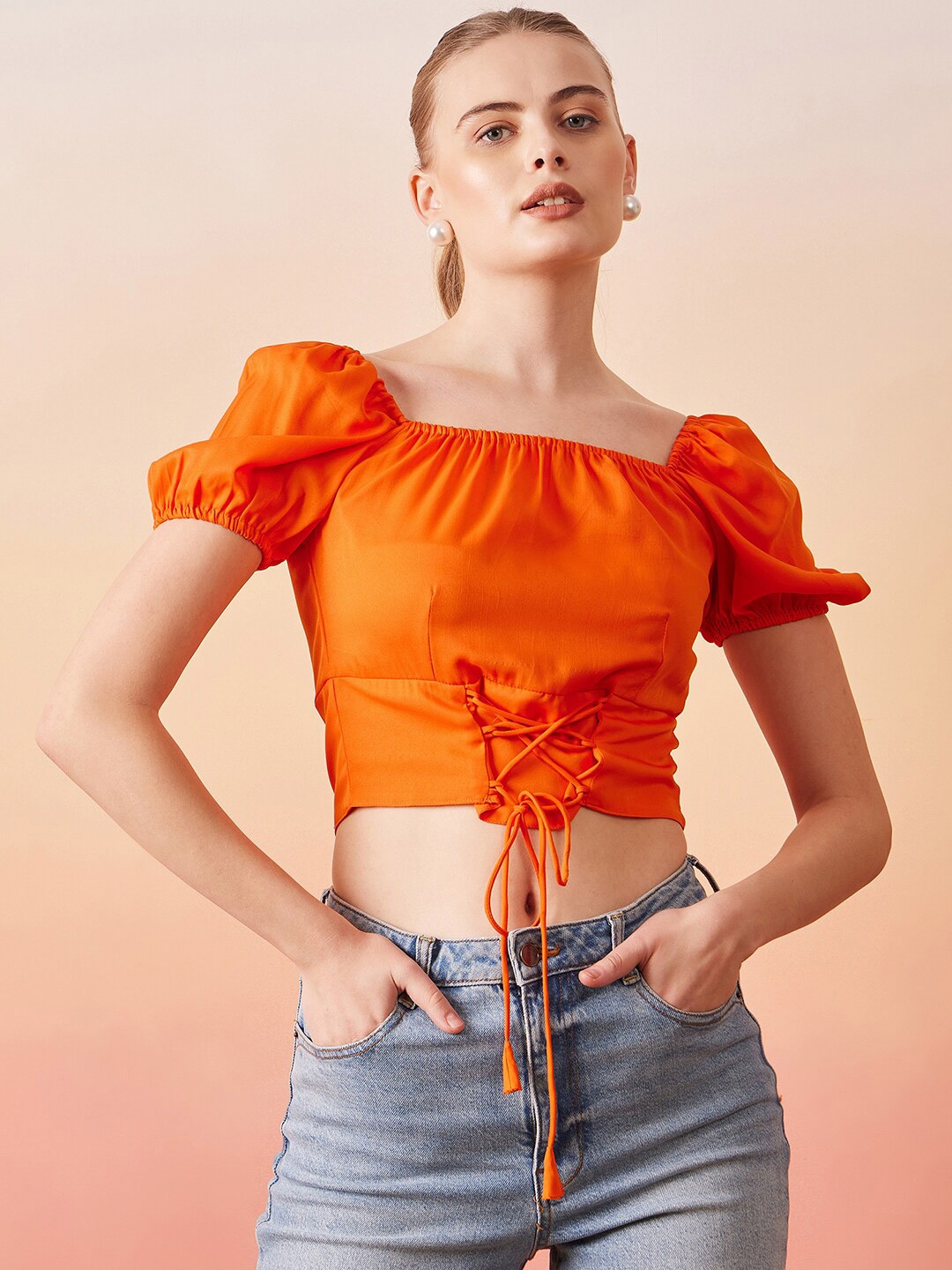 

RARE Orange Puff Sleeve Smocked Crepe Bardot Crop Top