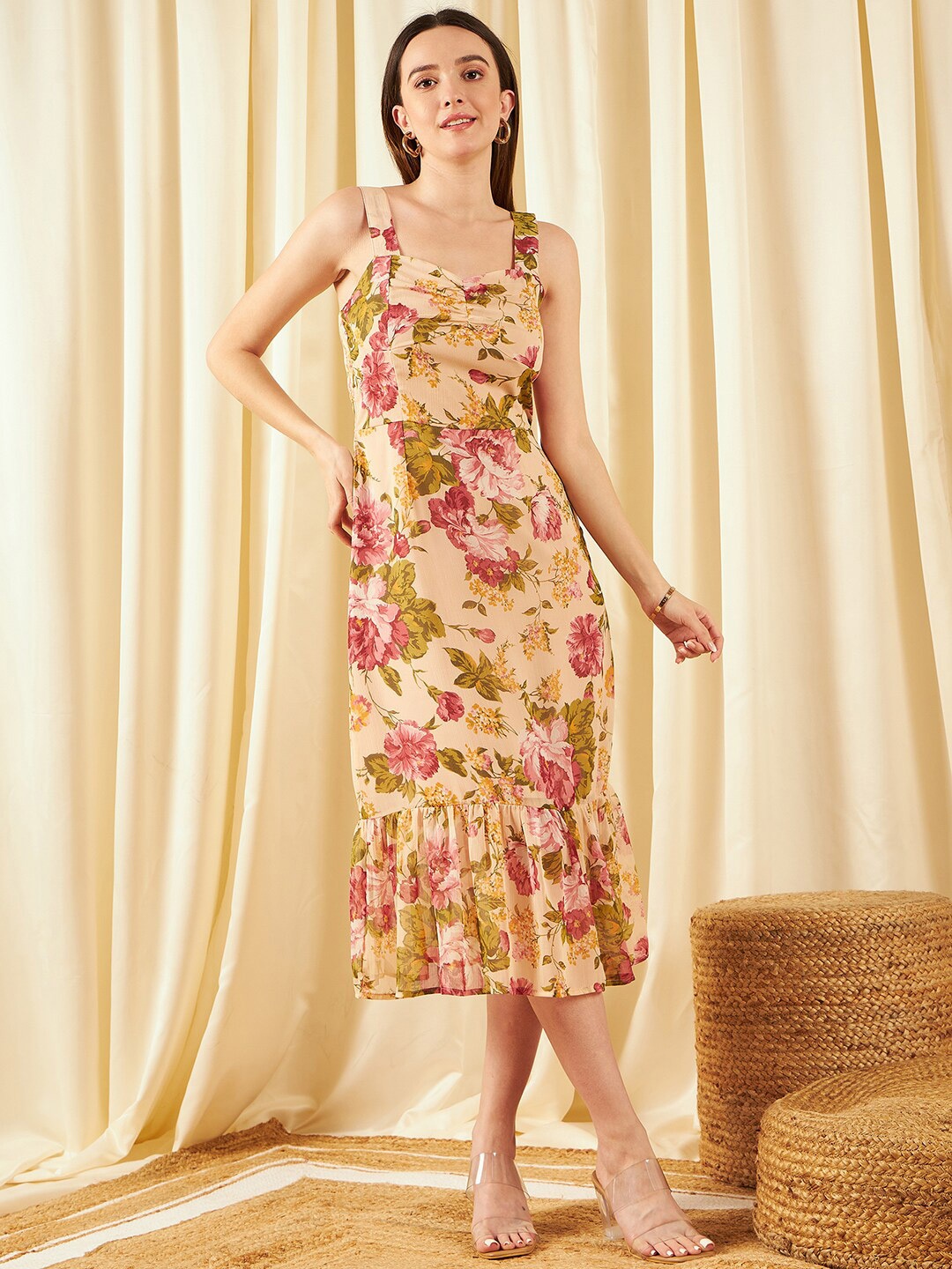 

RARE Floral Printed Sleeveless Ruffled A-Line Midi Dress, Beige