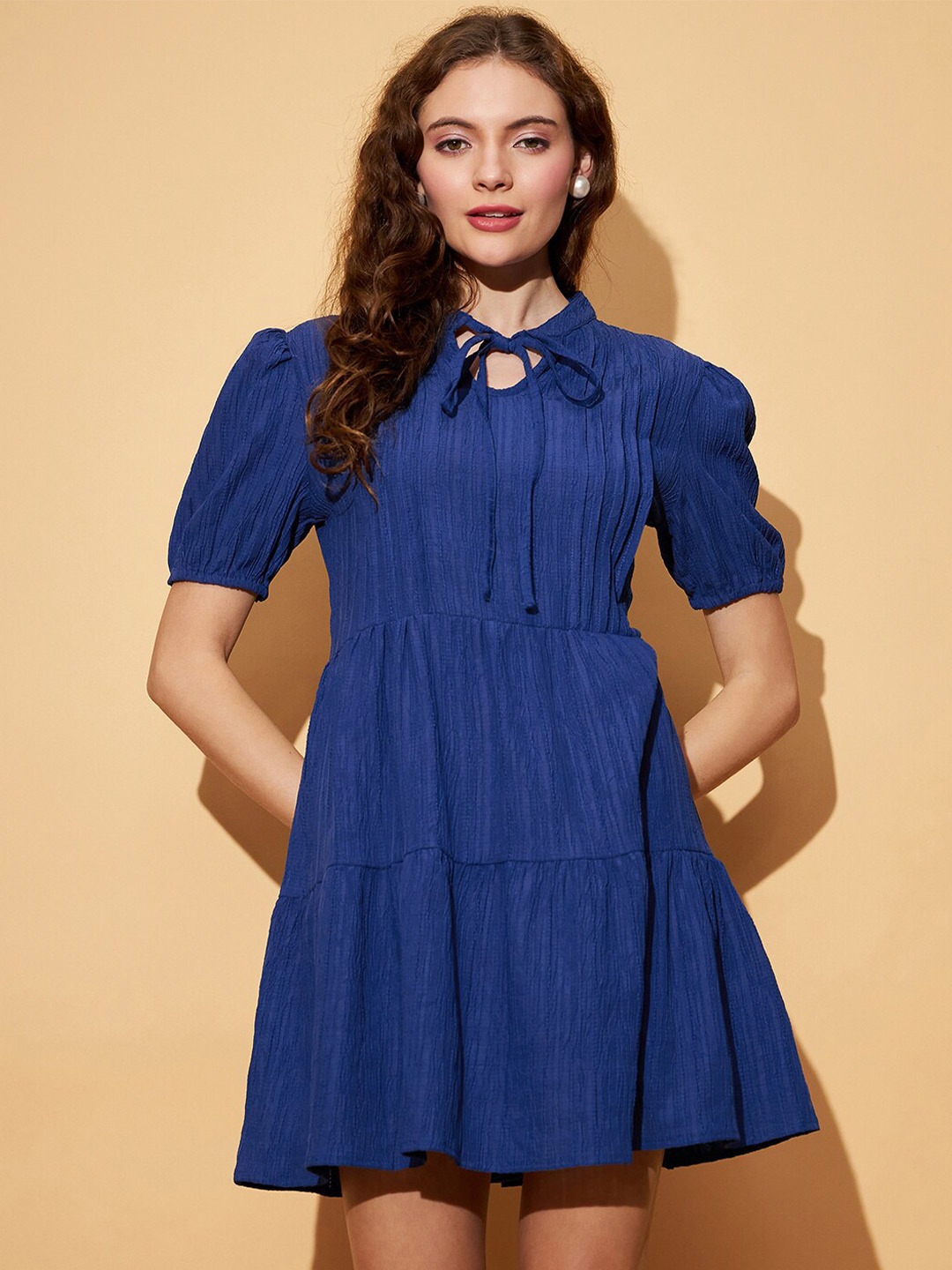 

RARE Blue Tie-Up Neck Puff Sleeve Pleated Fit & Flare Mini Dress