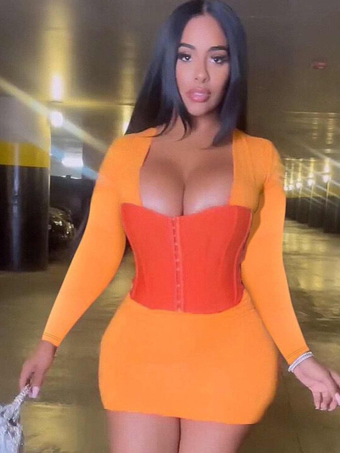 

LULU & SKY Colourblocked Square Neck Bodycon Mini Dress, Orange