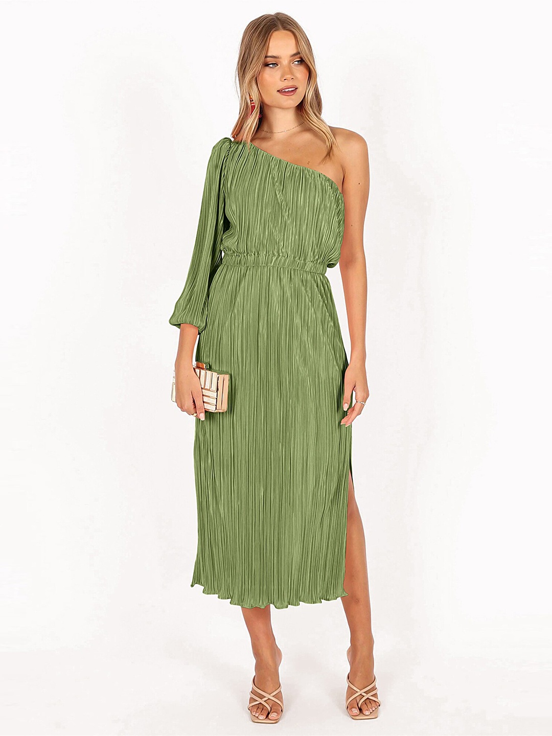 

LULU & SKY One Shoulder Puff Sleeve Fit & Flare Midi Dress, Green