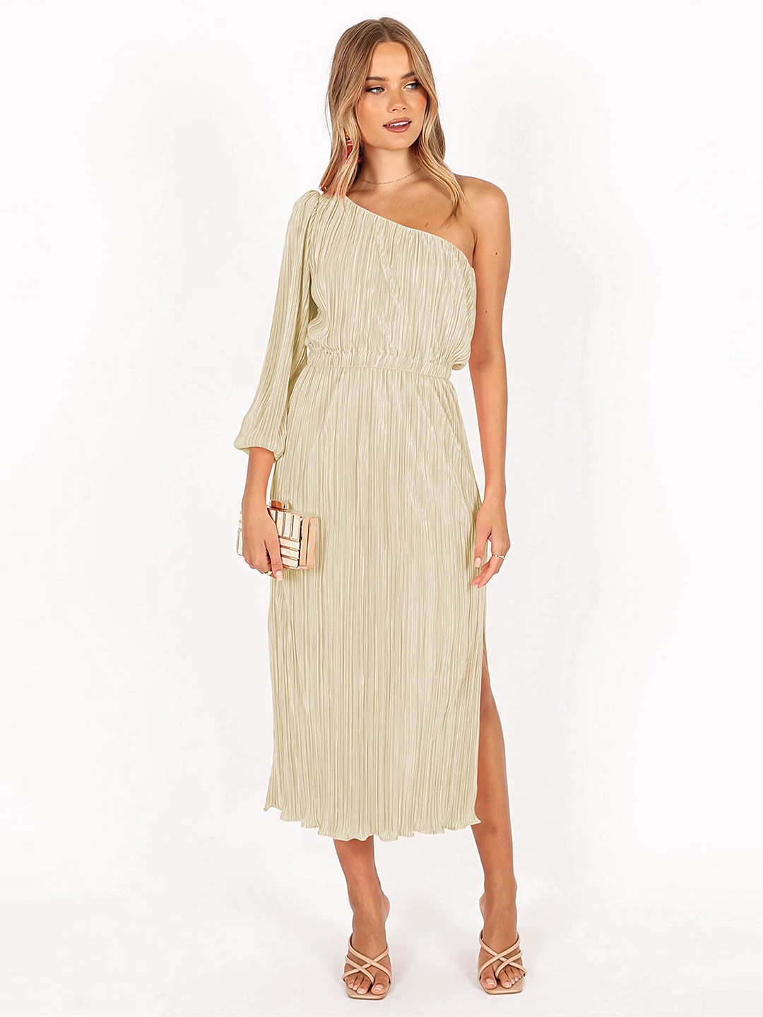 

LULU & SKY One Shoulder Puff Sleeve Fit & Flare Midi Dress, Beige