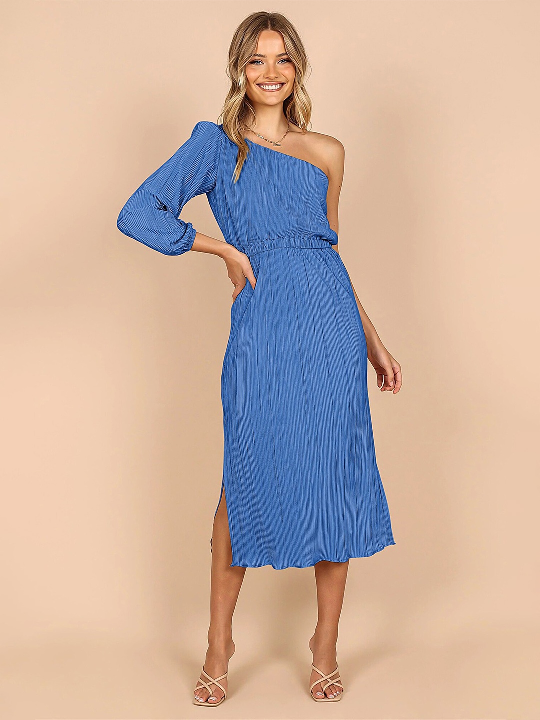 

LULU & SKY One Shoulder Puff Sleeve Fit & Flare Midi Dress, Blue