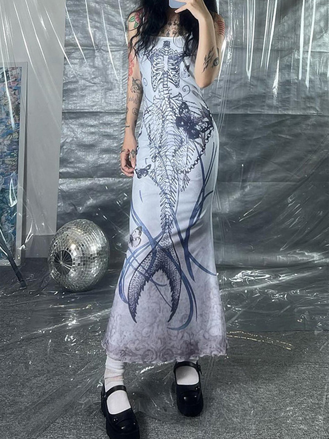 

LULU & SKY Graphic Printed Shoulder Straps Sheath Maxi Dress, White