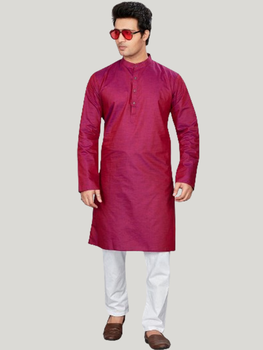 

Authentics Band Collar Pure Cotton Kurta with Pyjamas, Maroon