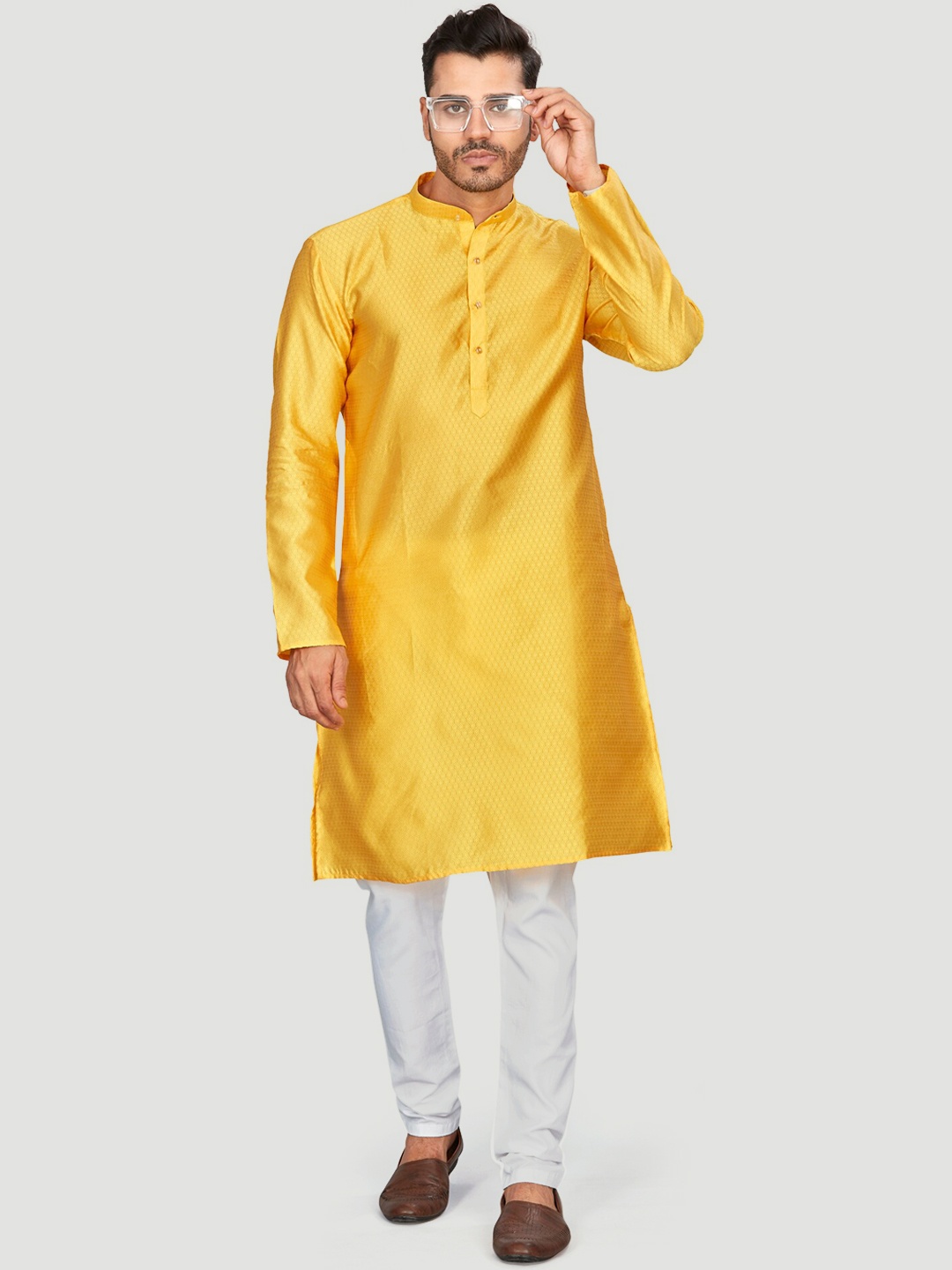 

Authentics Ethnic Motifs Woven Design Band Collar Jacquard Kurta with Pyjamas, Yellow