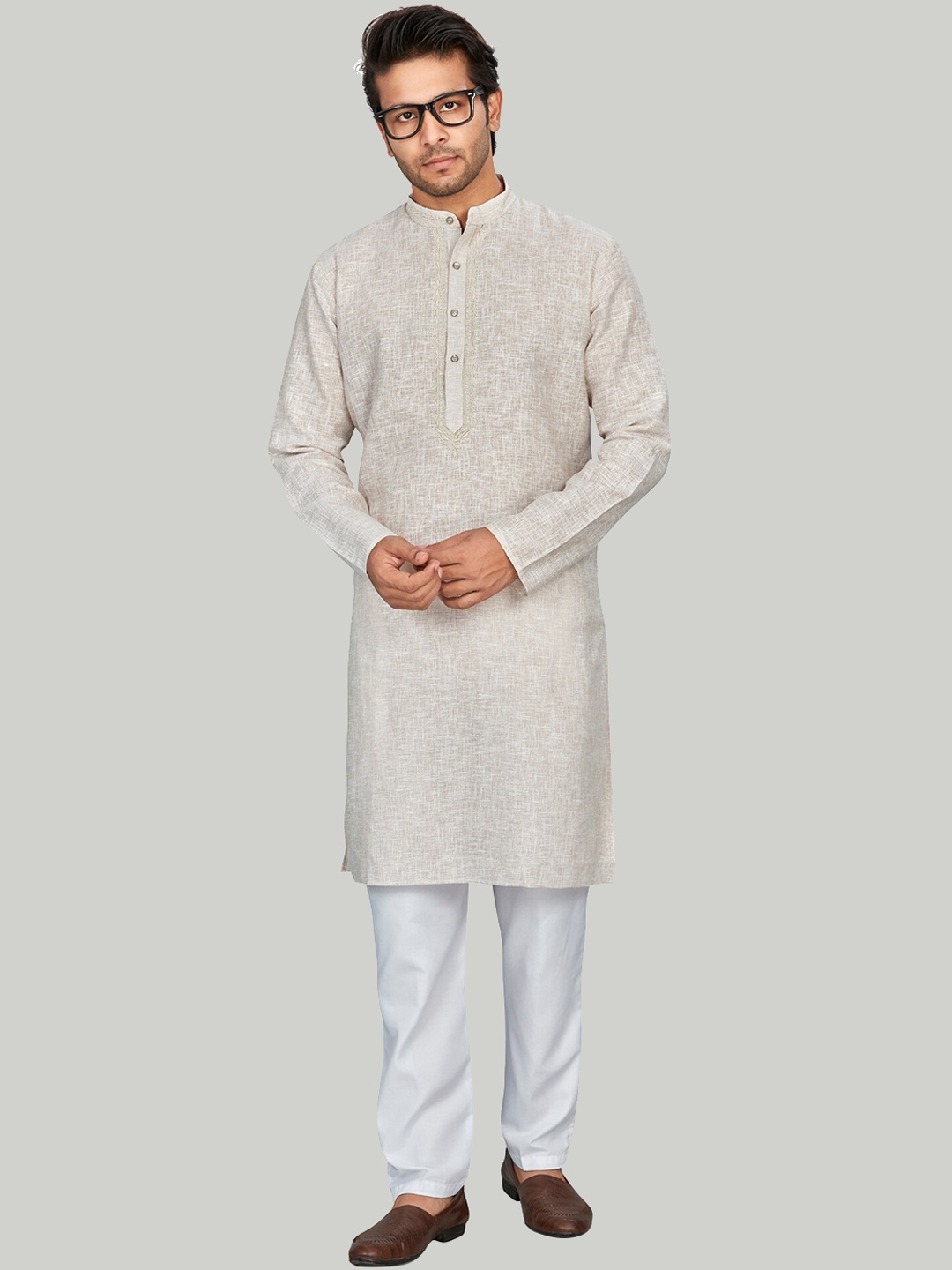 

Authentics Abstract Printed Band Collar Thread Work Kurta with Trousers, Beige