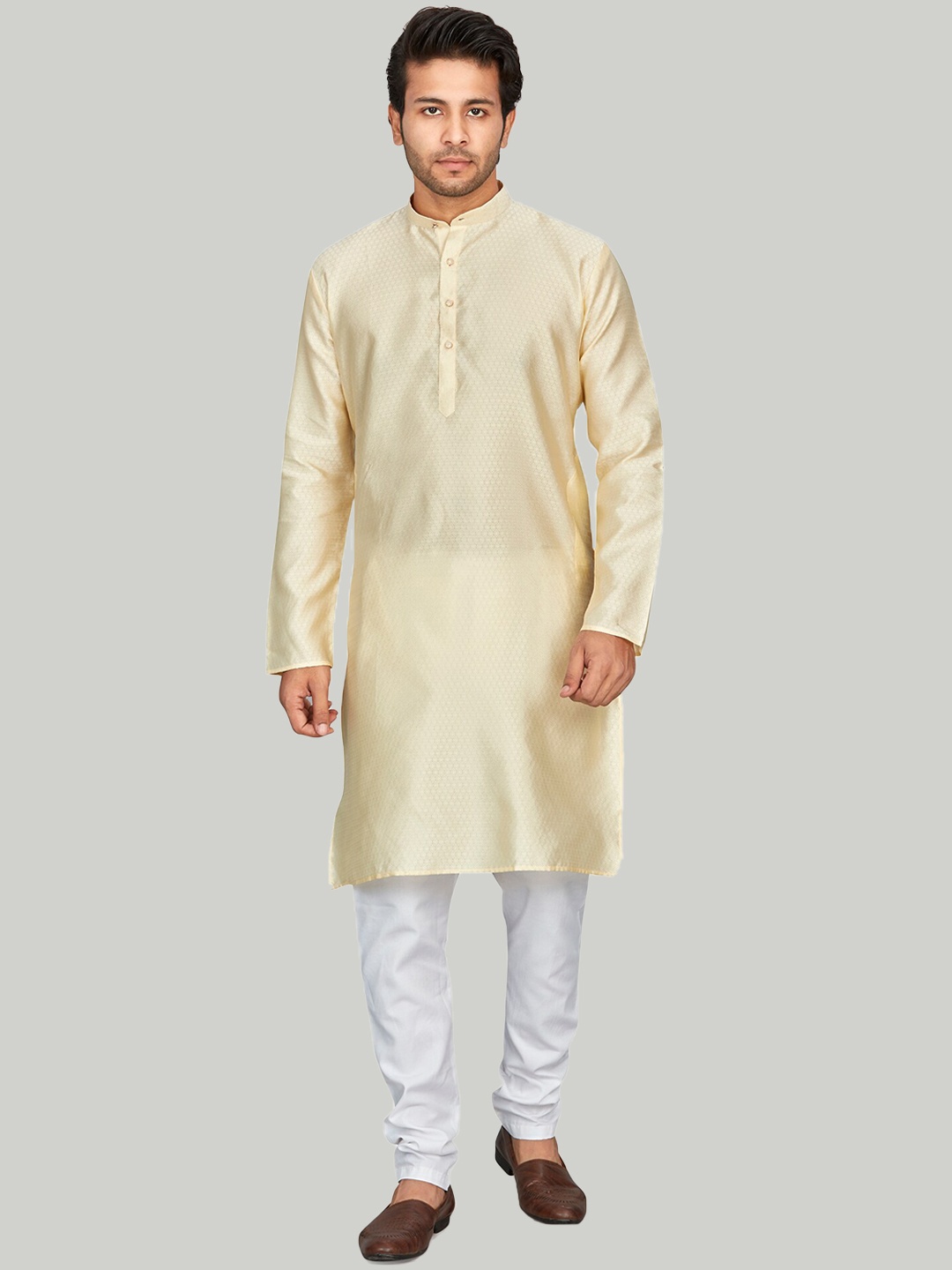 

Authentics Ethnic Motifs Woven Design Band Collar Jacquard Kurta with Churidar, Cream