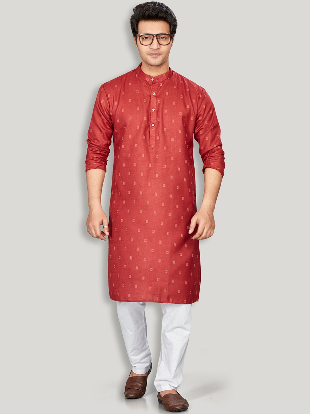 

Authentics Buta Woven Design Band Collar Kurta with Trousers, Maroon