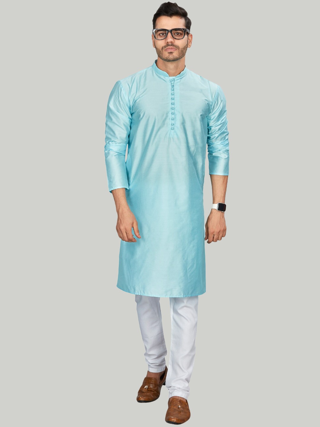 

Authentics Mandarin Collar Cotton Silk Kurta with Trousers, Blue